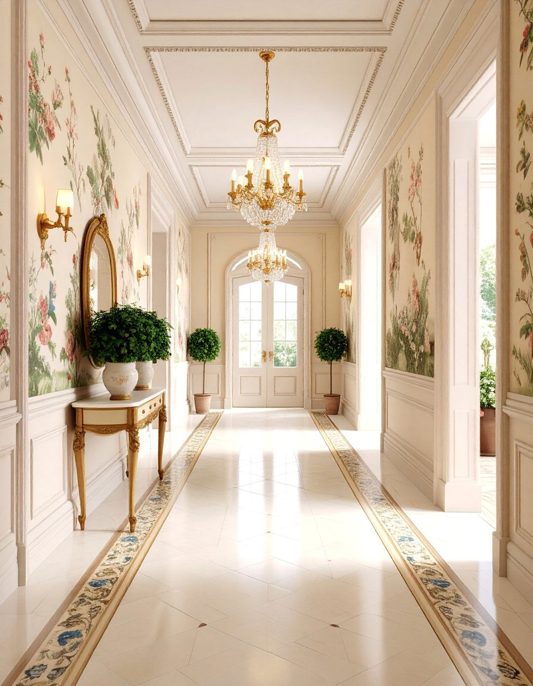 Vintage Toile Hallway Wallpaper with French Country Scenes - 25 Hallway Wallpaper Ideas