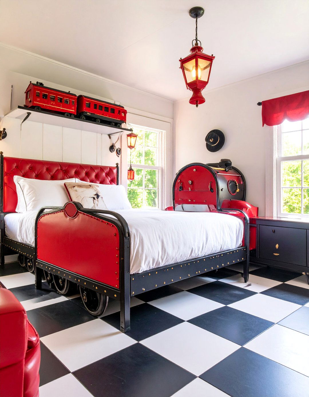 Vintage Train Station with Red Locomotive Details - 25 Red Boy Room Ideas