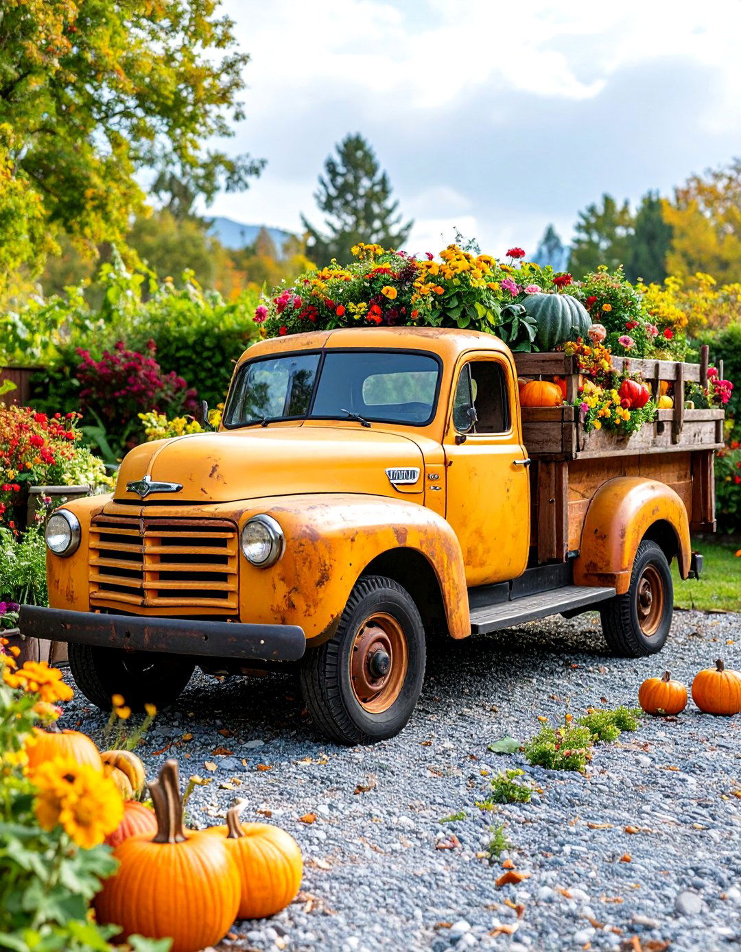 Vintage Truck Garden Patio with Mobile Planters - 25 Farmhouse Patio Ideas