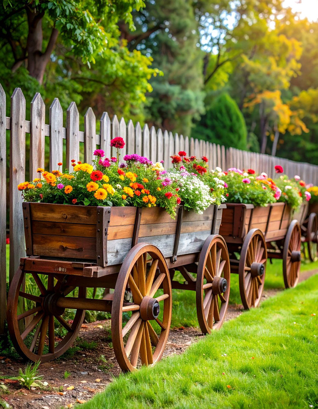 Vintage Wagon Planter Display with Country Fencing - 25 Rustic Landscaping Ideas