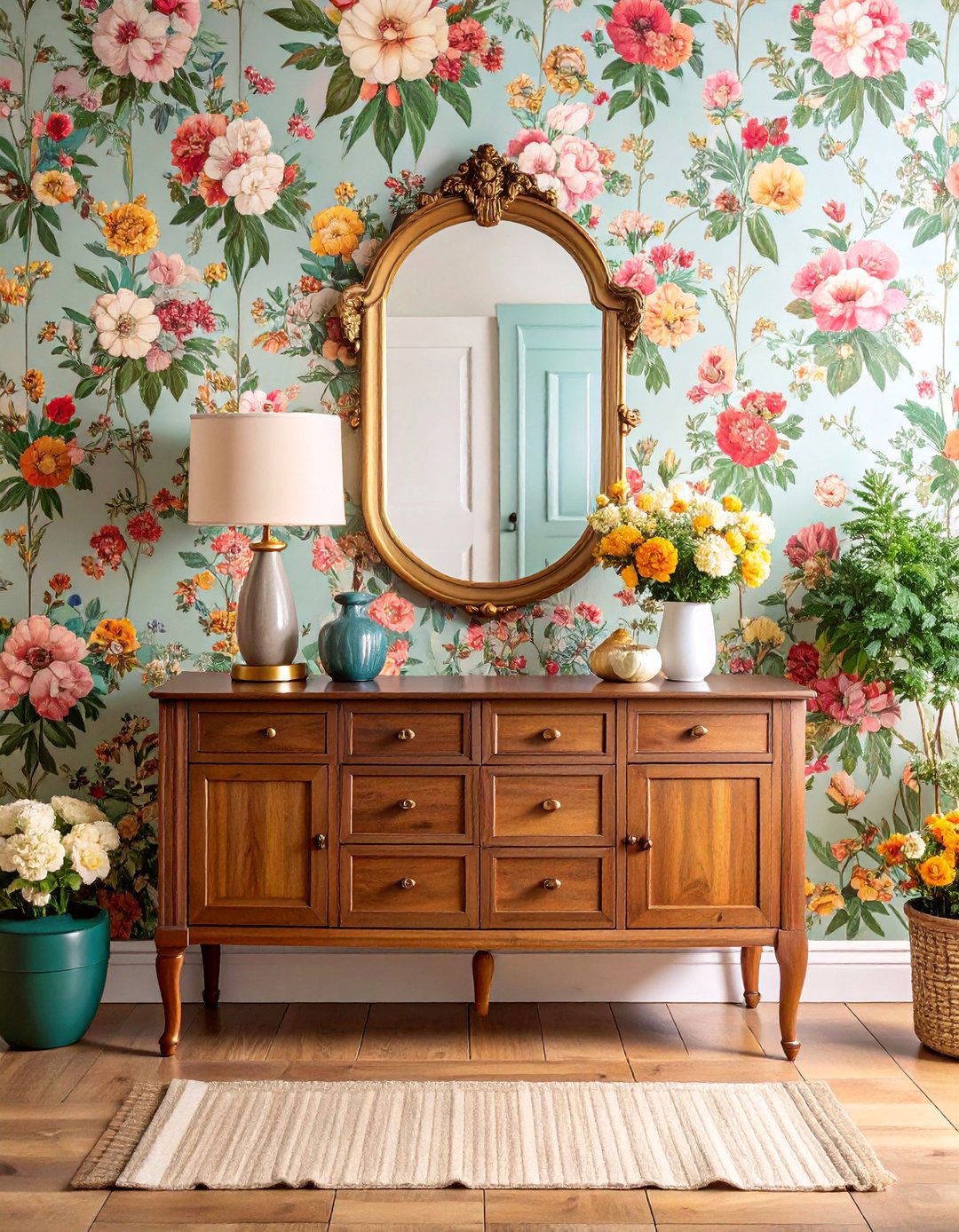 Vintage Wallpaper with Antique Finds - 25 Entryway Wall Ideas