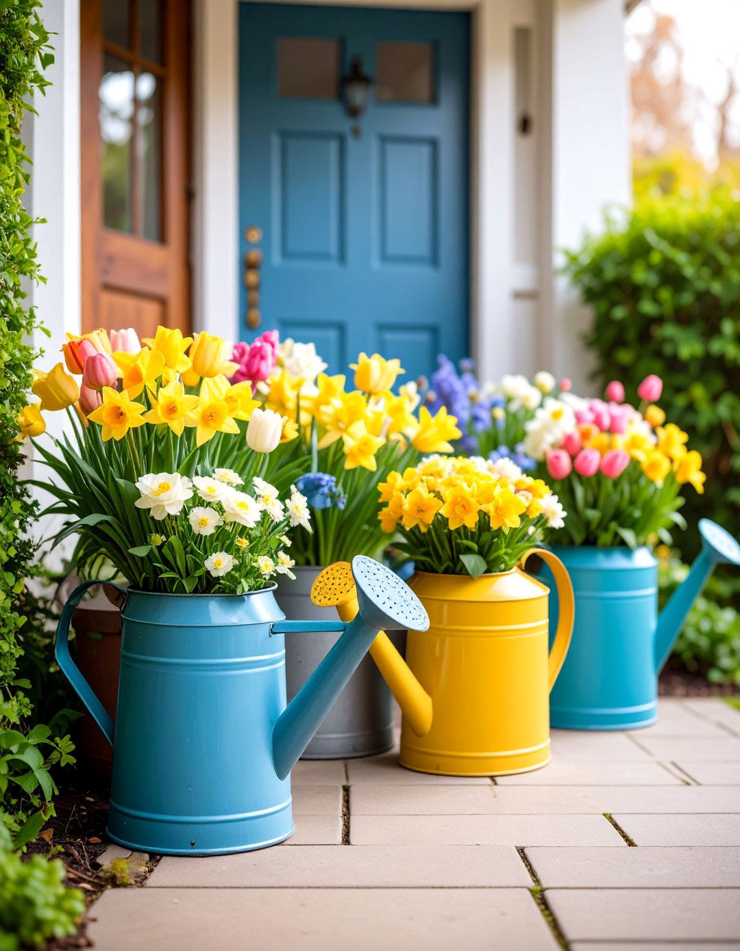 Vintage Watering Can Display - 25 Spring Front Door Decor Ideas