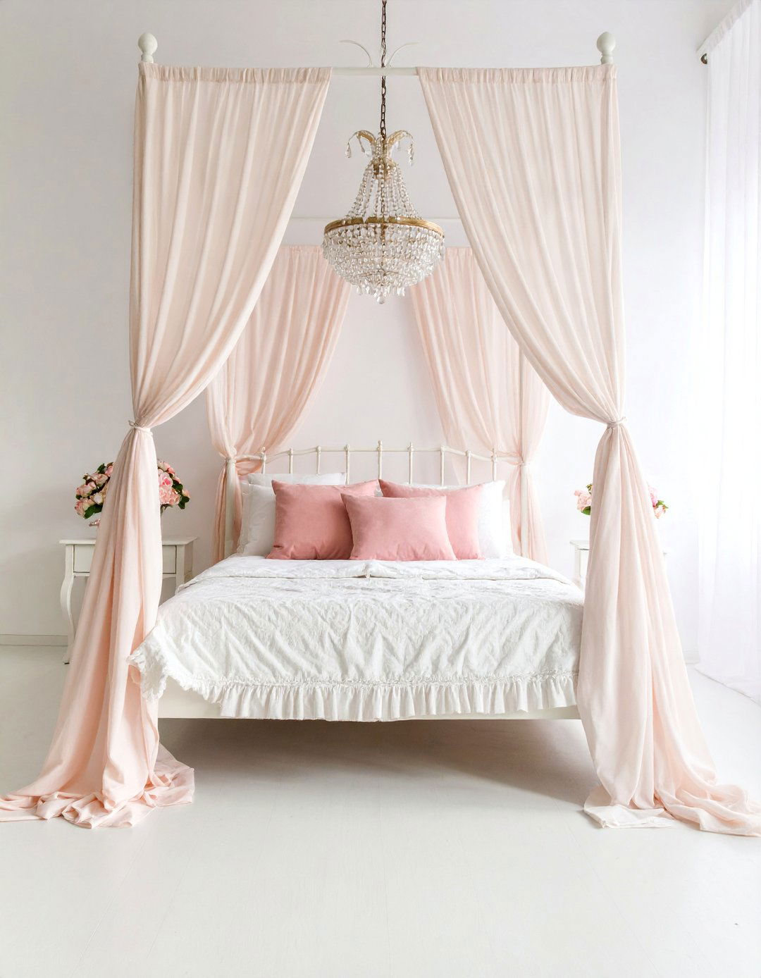 Vintage White Iron Canopy Bed with Crystal Chandelier - 25 Shabby Chic Bedroom Ideas