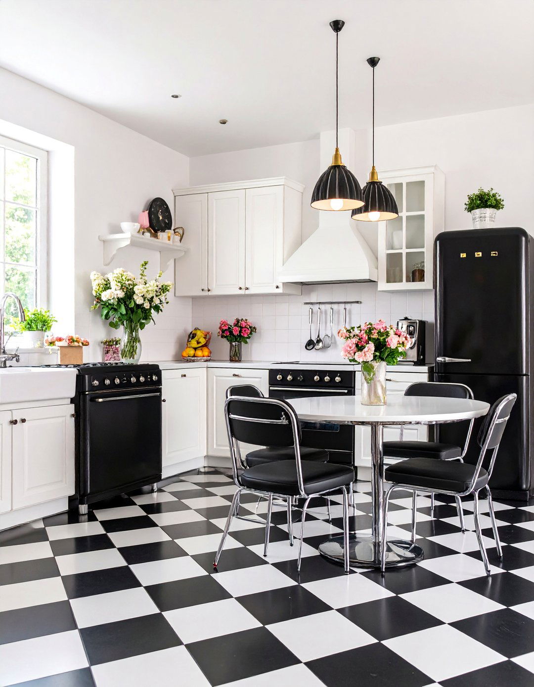 Vintage White Kitchen with Black Retro Style Appliances - 25 White Kitchen with Black Appliances Ideas