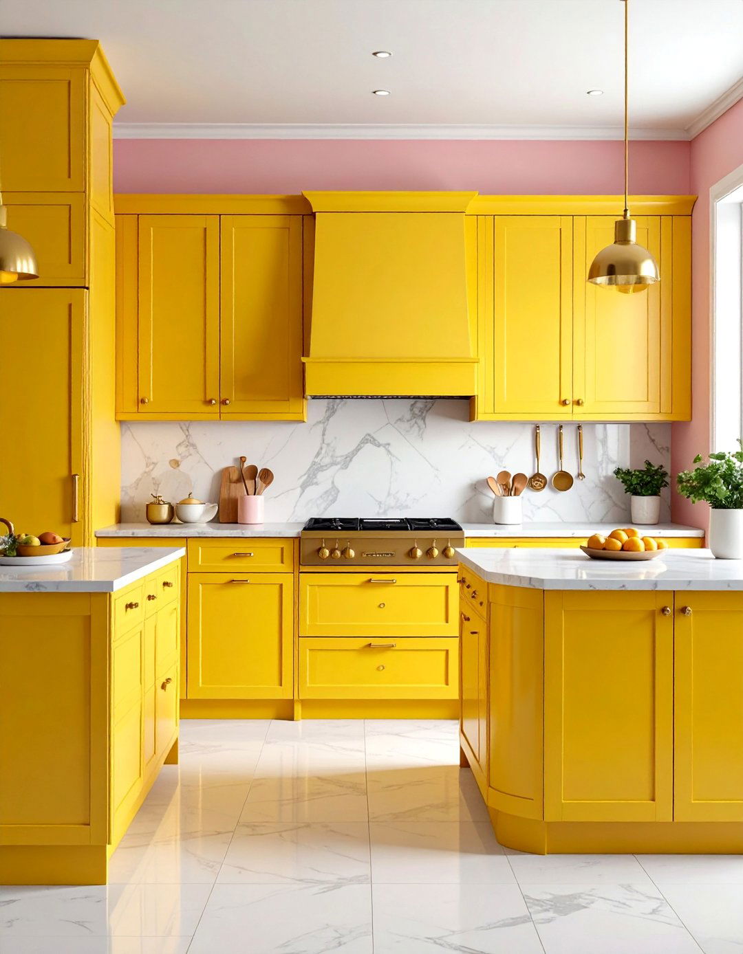 Vintage Yellow Kitchen with Pink Accent Wall - 25 How to Decorate With Yellow and Pink