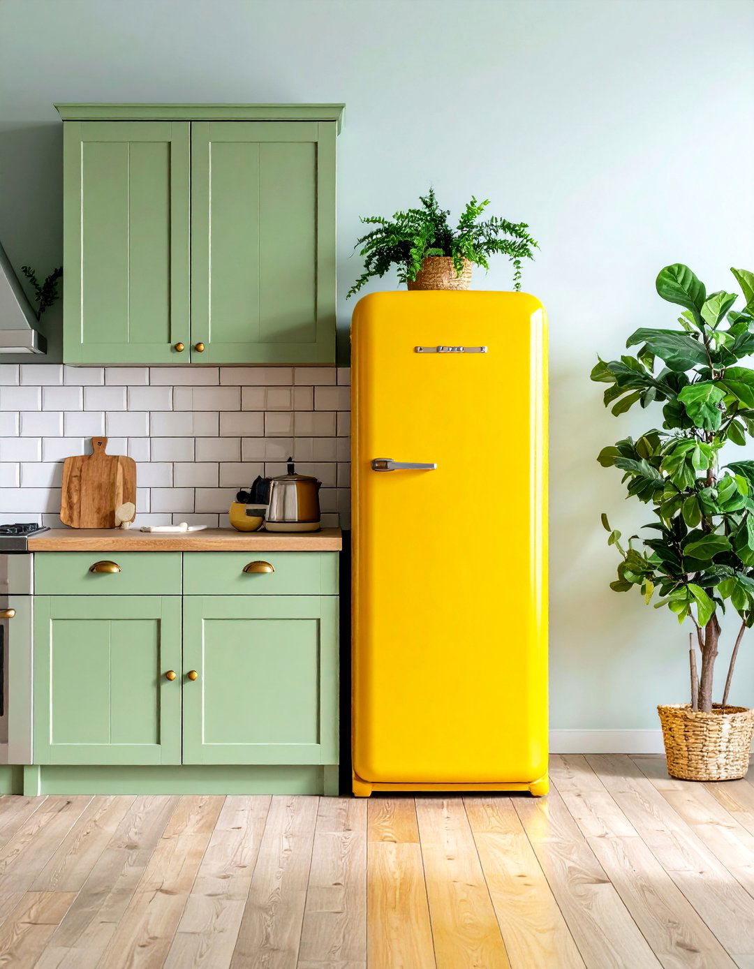 Vintage Yellow Refrigerator with Green Farmhouse Cabinets - 25 Green and Yellow Kitchen Ideas