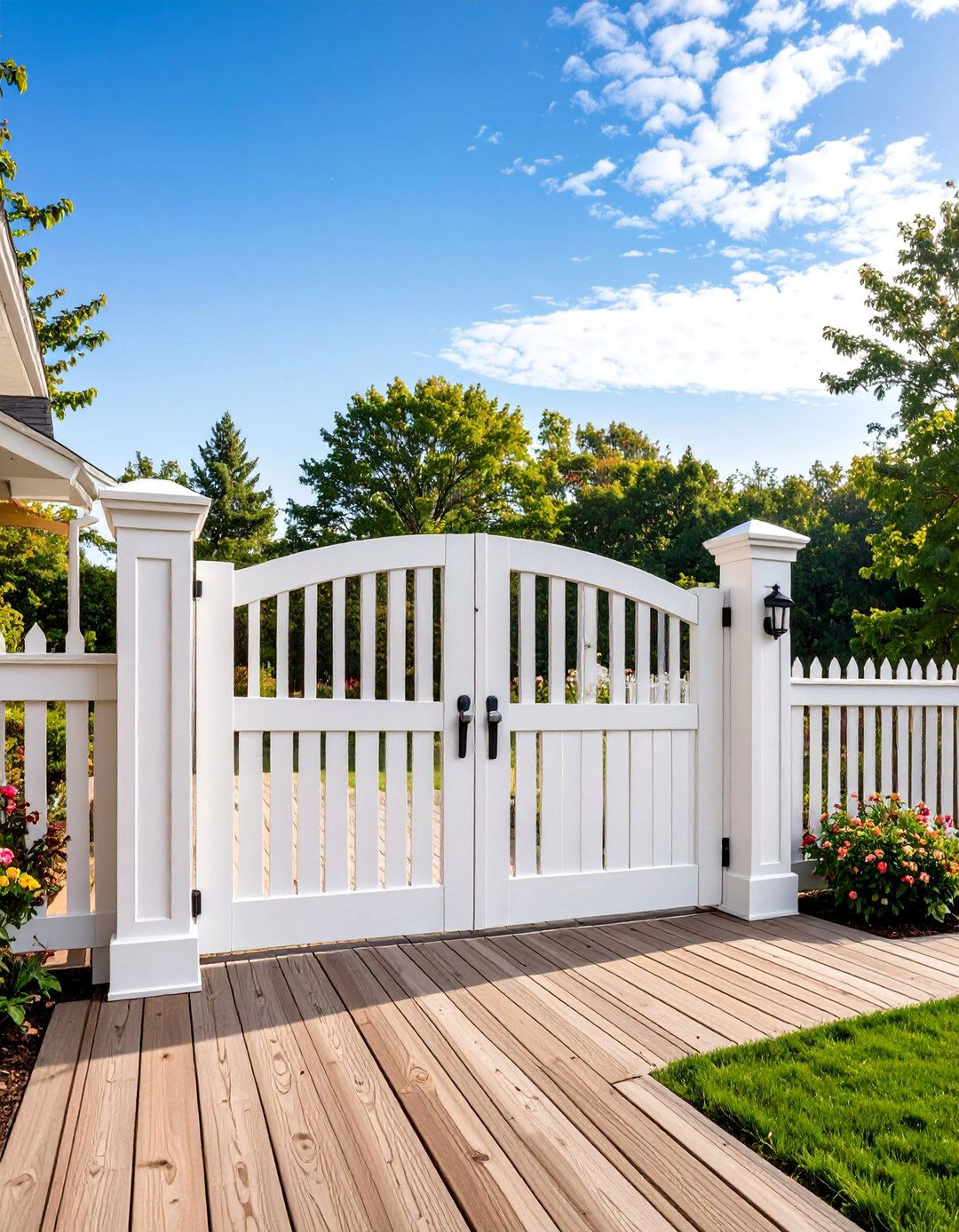 Vinyl Gate with Decorative Post Caps - 25 Deck Gate Ideas