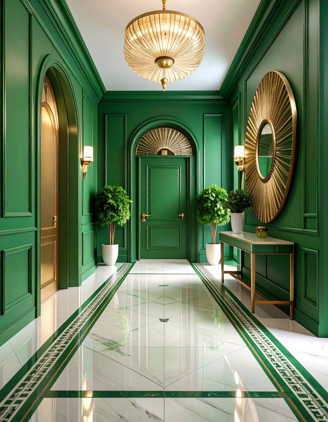 Viridian Green Hallway with Art Deco Glamour - 25 Green Hallway Ideas