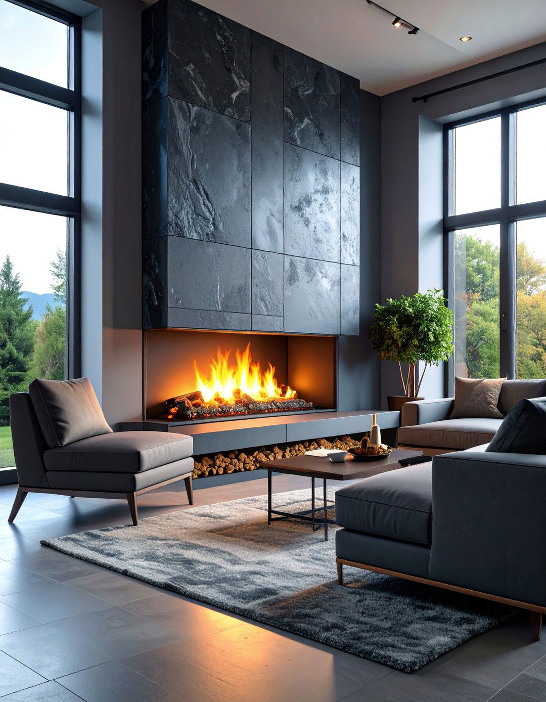Volcanic Stone Fireplace with Industrial Modern Design - 25 Floor to Ceiling Stone Fireplace Ideas