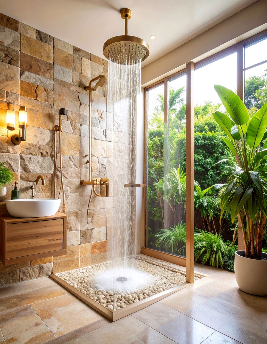 Walk in Shower Bathroom with Natural Stone - 25 Modern Farmhouse Bathroom Ideas