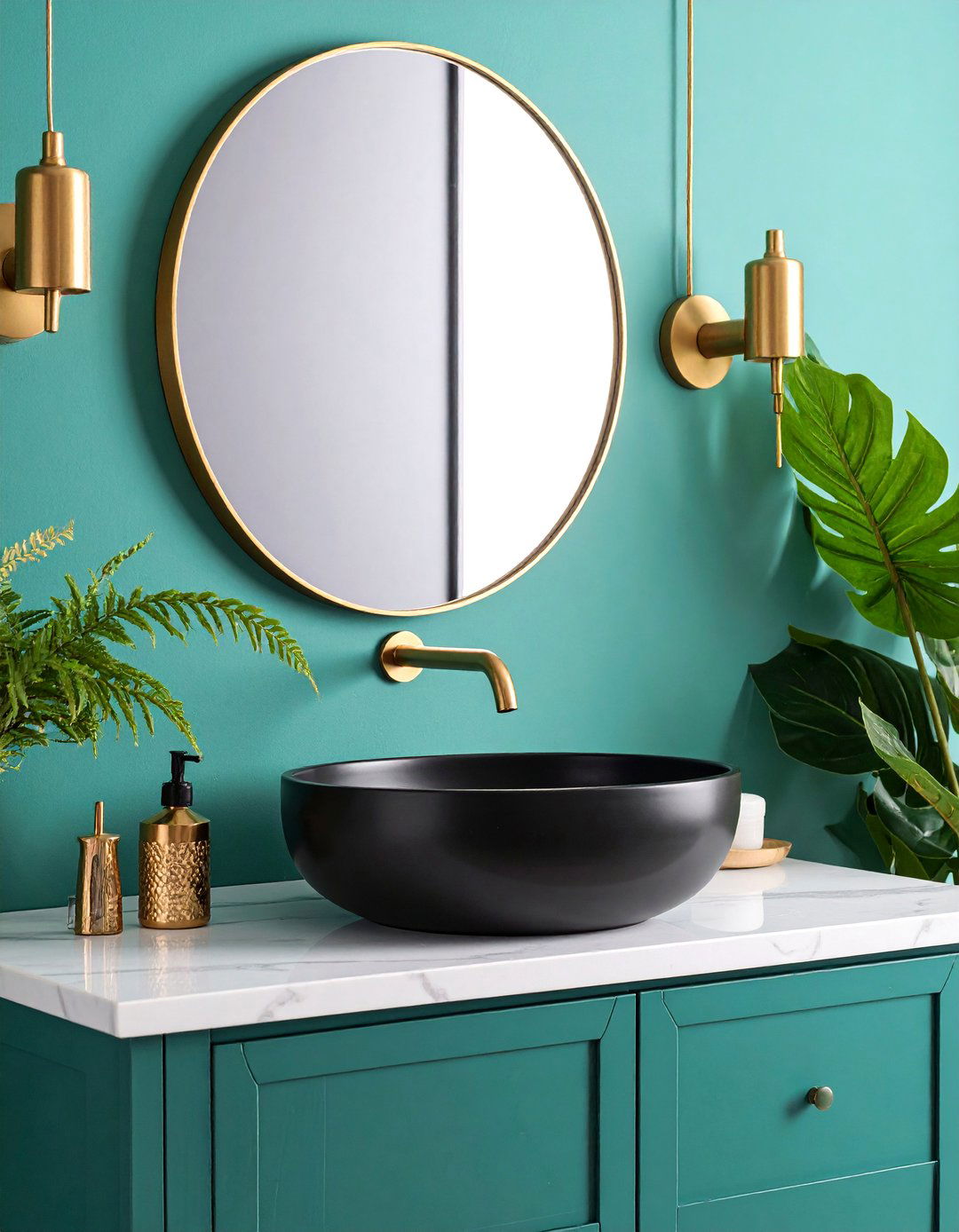 Wall Mounted Black Sink Powder Room with Gold Faucet - 25 black and gold powder room ideas