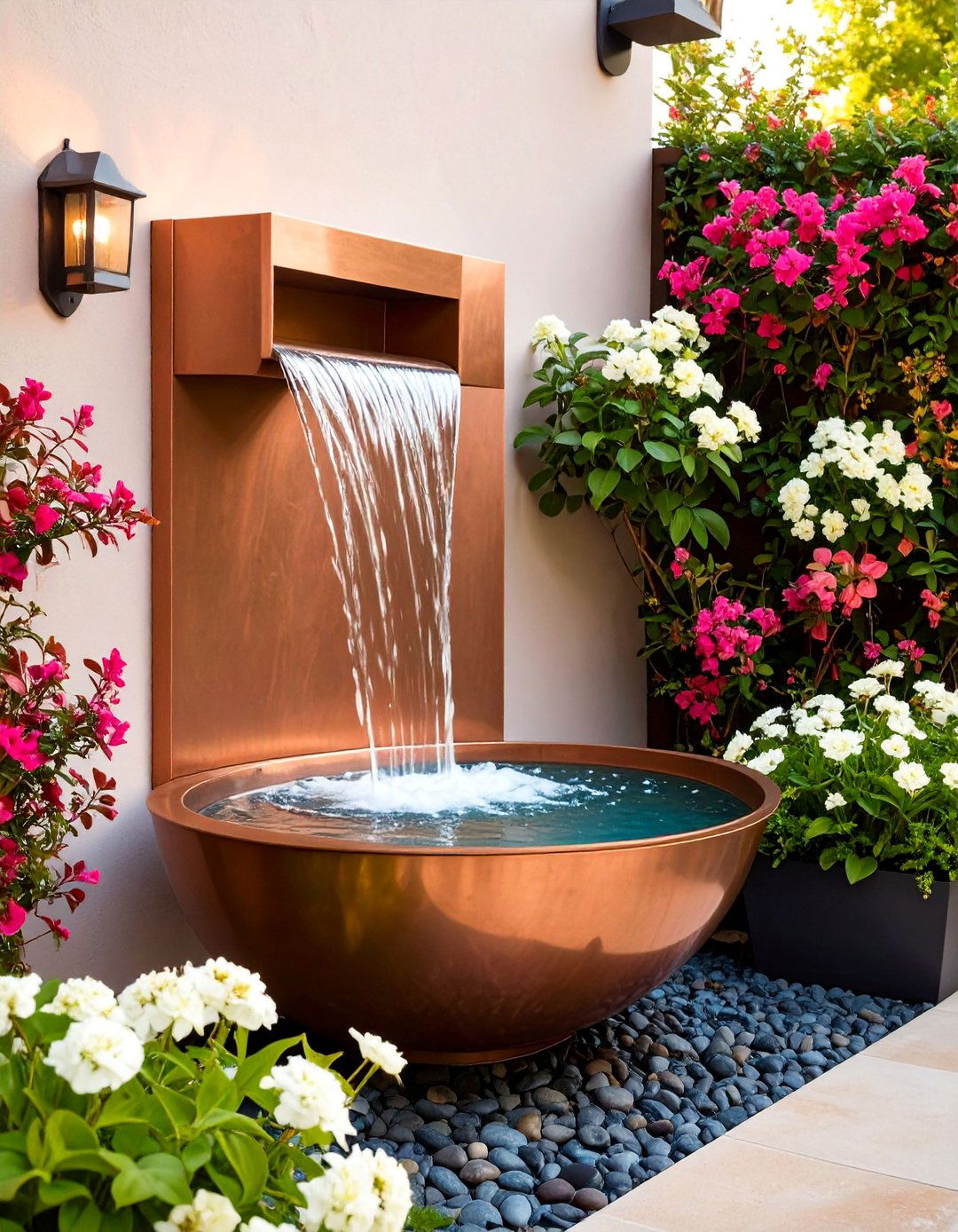 Wall Mounted Copper Spillway Feature - 25 Backyard Waterfall Ideas