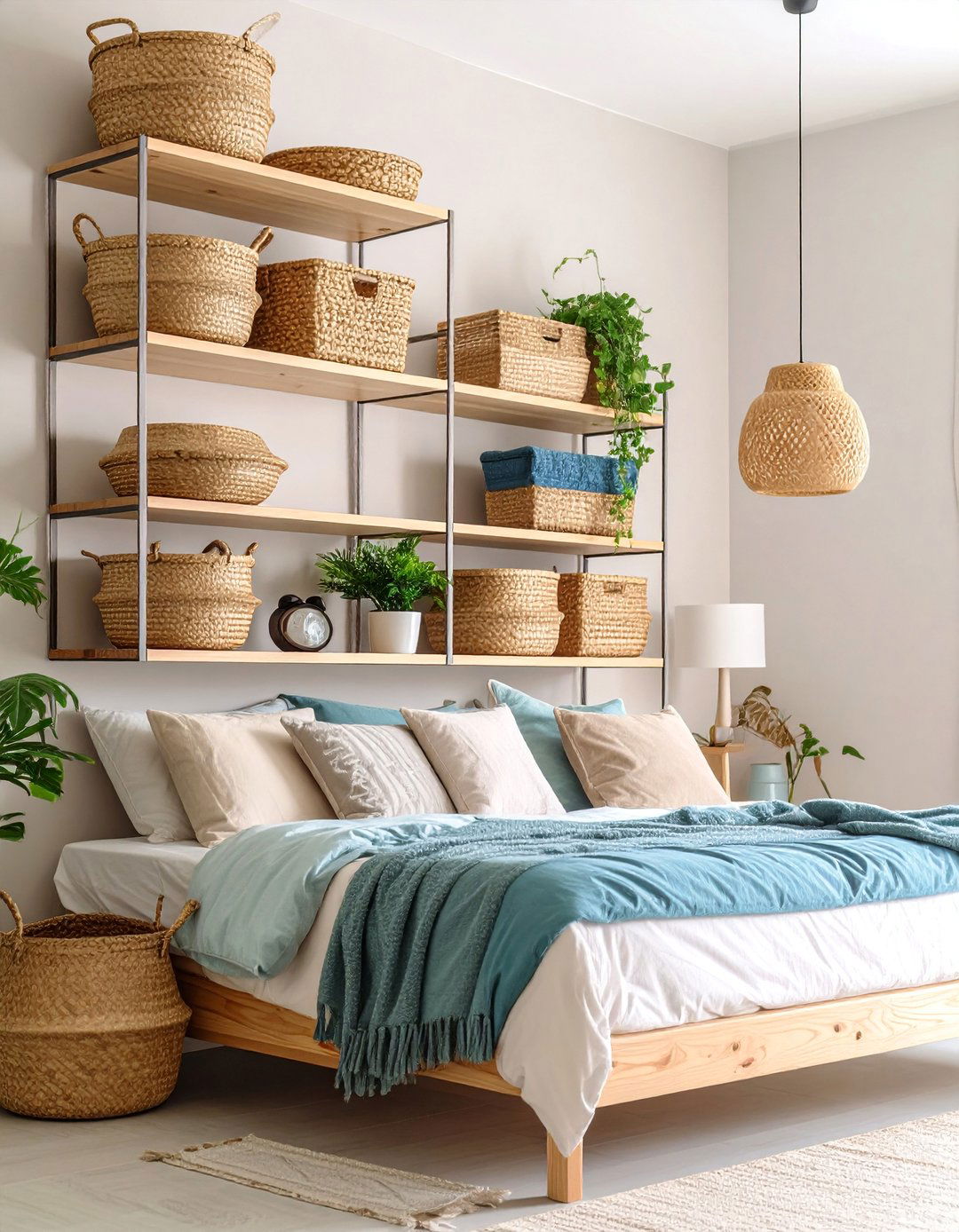 Wall Mounted Floating Shelves with Baskets - 25 Bedding Storage Ideas