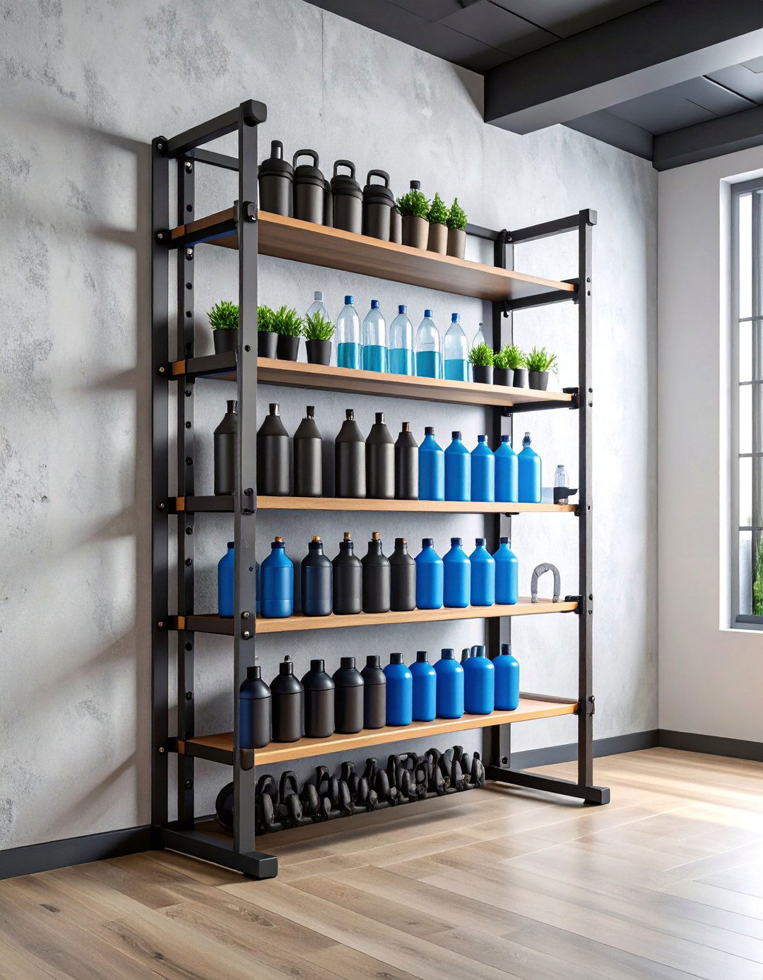 Wall Mounted Gym Style Bottle Display - 25 Water Bottle Storage Ideas