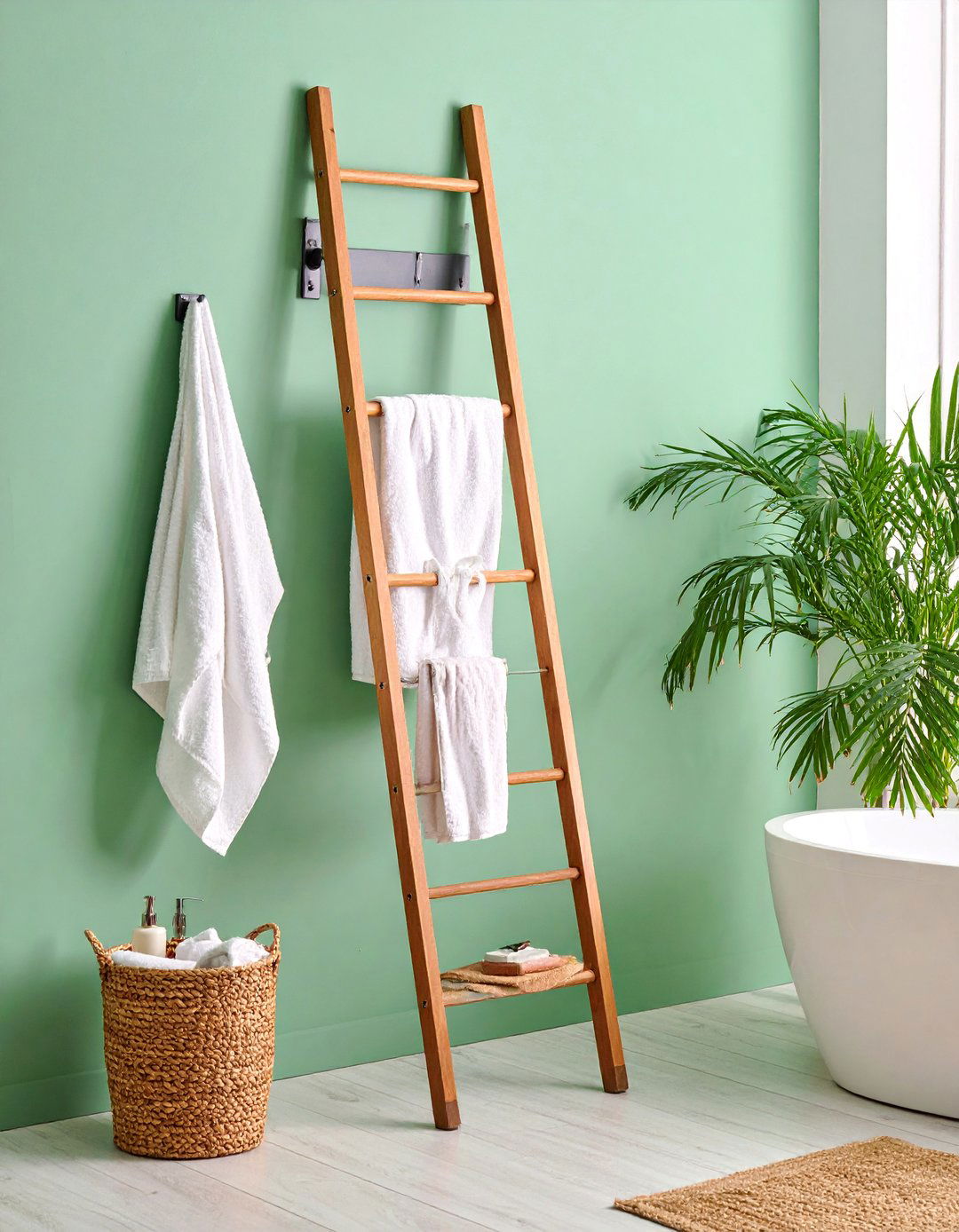 Wall Mounted Industrial Towel Ladder with Metal Frame - 25 Towel Storage Ideas