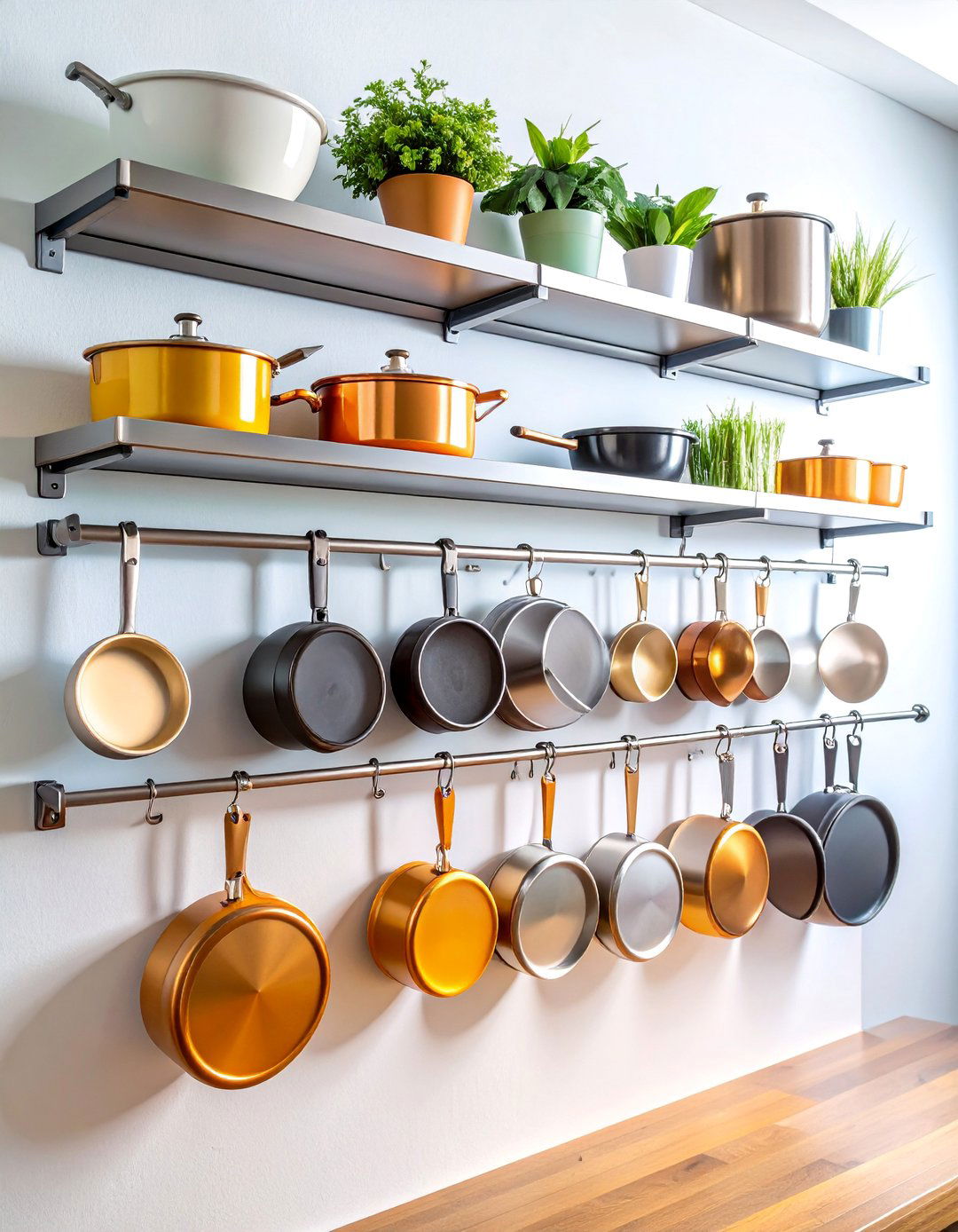 Wall Mounted Rail System with Professional Hooks - 25 Pots and Pans Storage Ideas