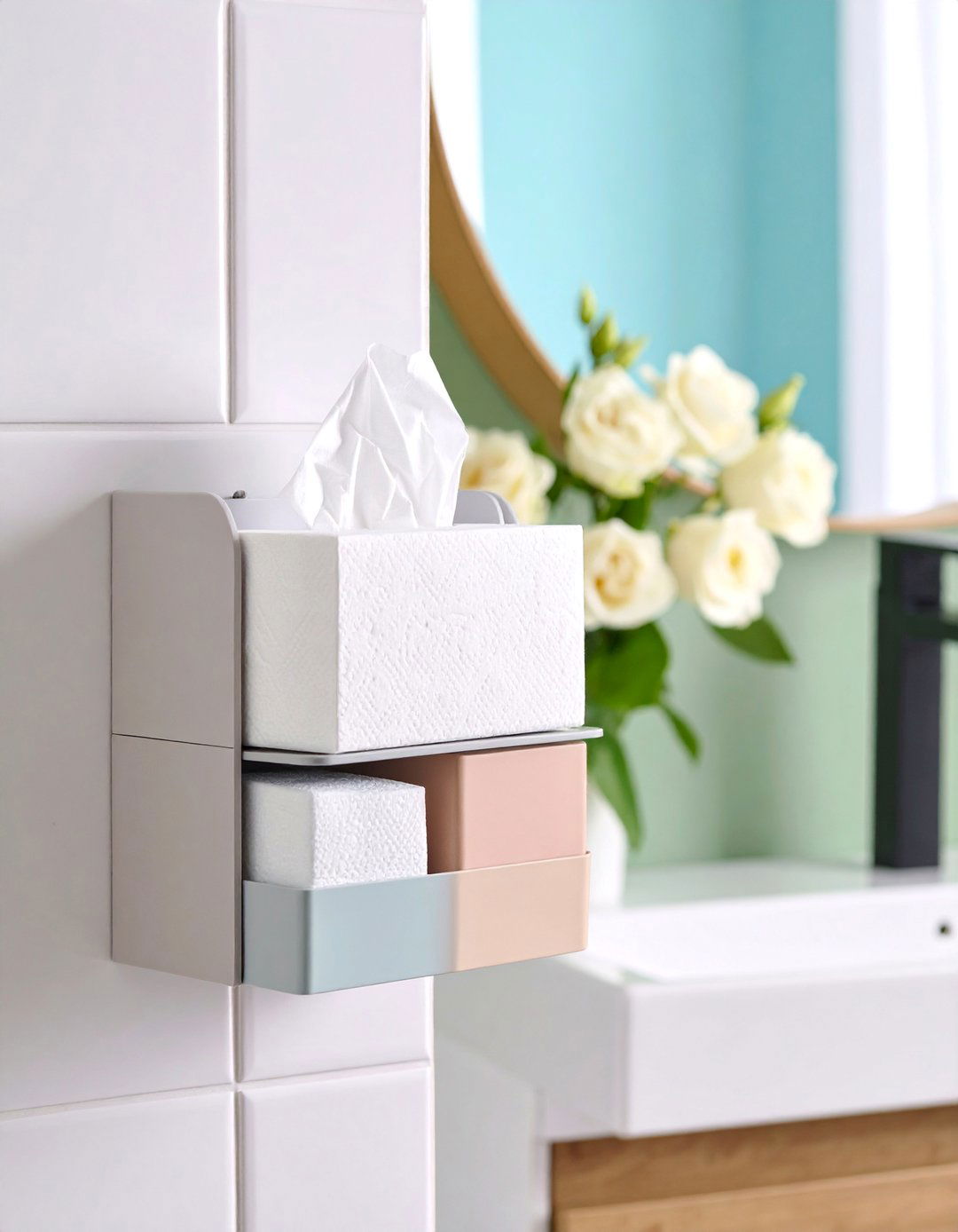 Wall Mounted Tissue Box Holder with Storage Shelf - 25 Bathroom Wall Storage Ideas