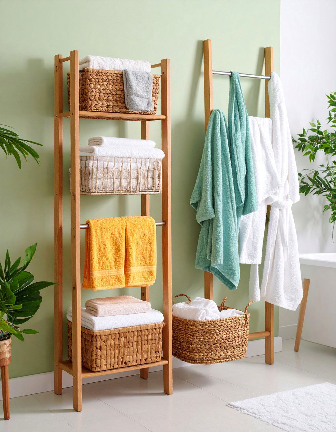 Wall Mounted Towel Rack with Integrated Storage Basket - 25 Bathroom Towel Rack Ideas