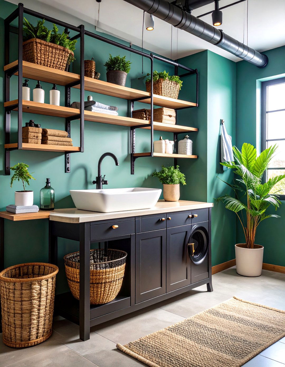 Wall Mounted Utility Sink with Industrial Shelving - 25 Laundry Room Sink Ideas