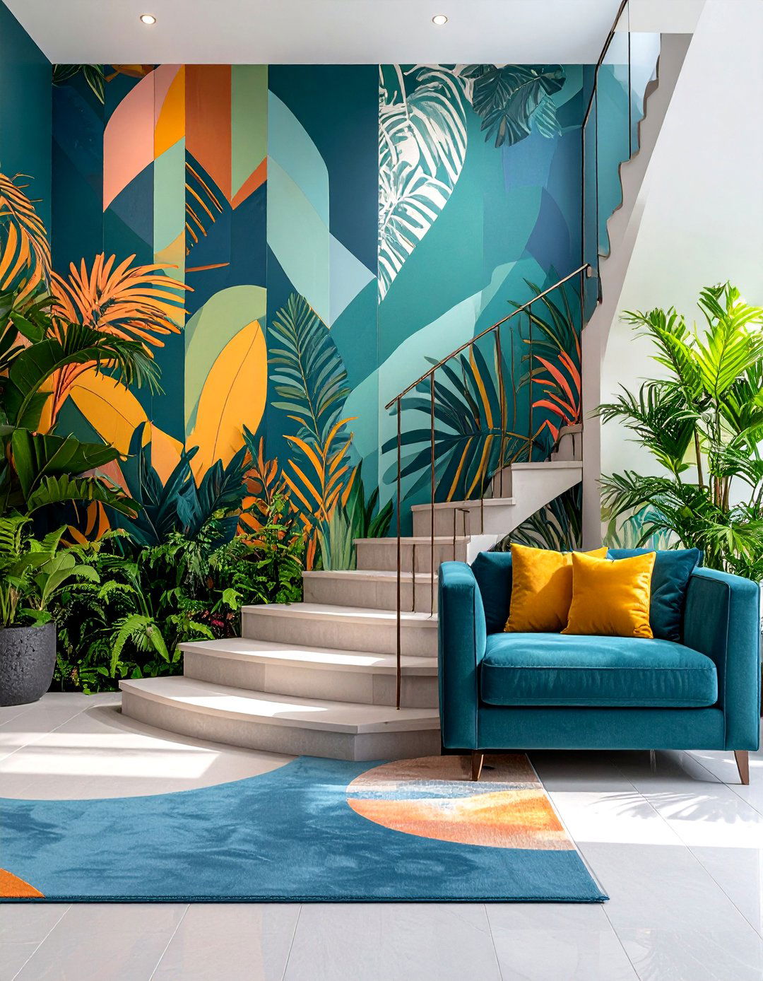 Wallpaper Accent Landing with Pattern Focus - 25 Stair Landing Ideas