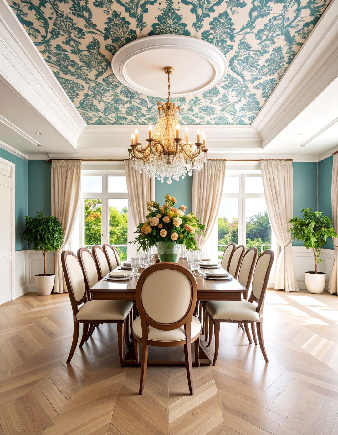 Wallpapered Ceiling with Decorative Crown Molding - 25 Dining Room Ceiling Ideas