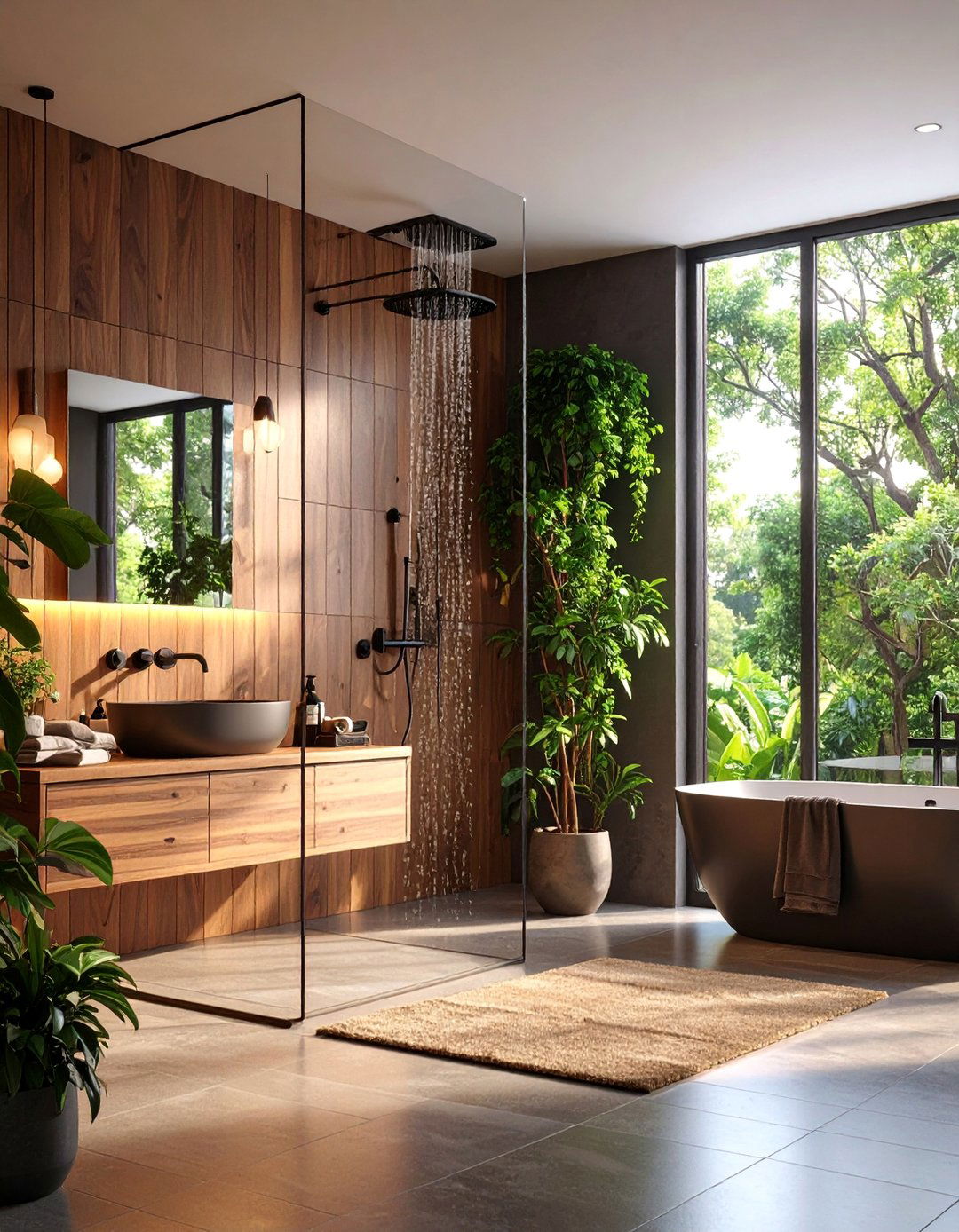 Walnut Wood Grain with Black Metal Grid Systems - 25 brown and black bathroom ideas