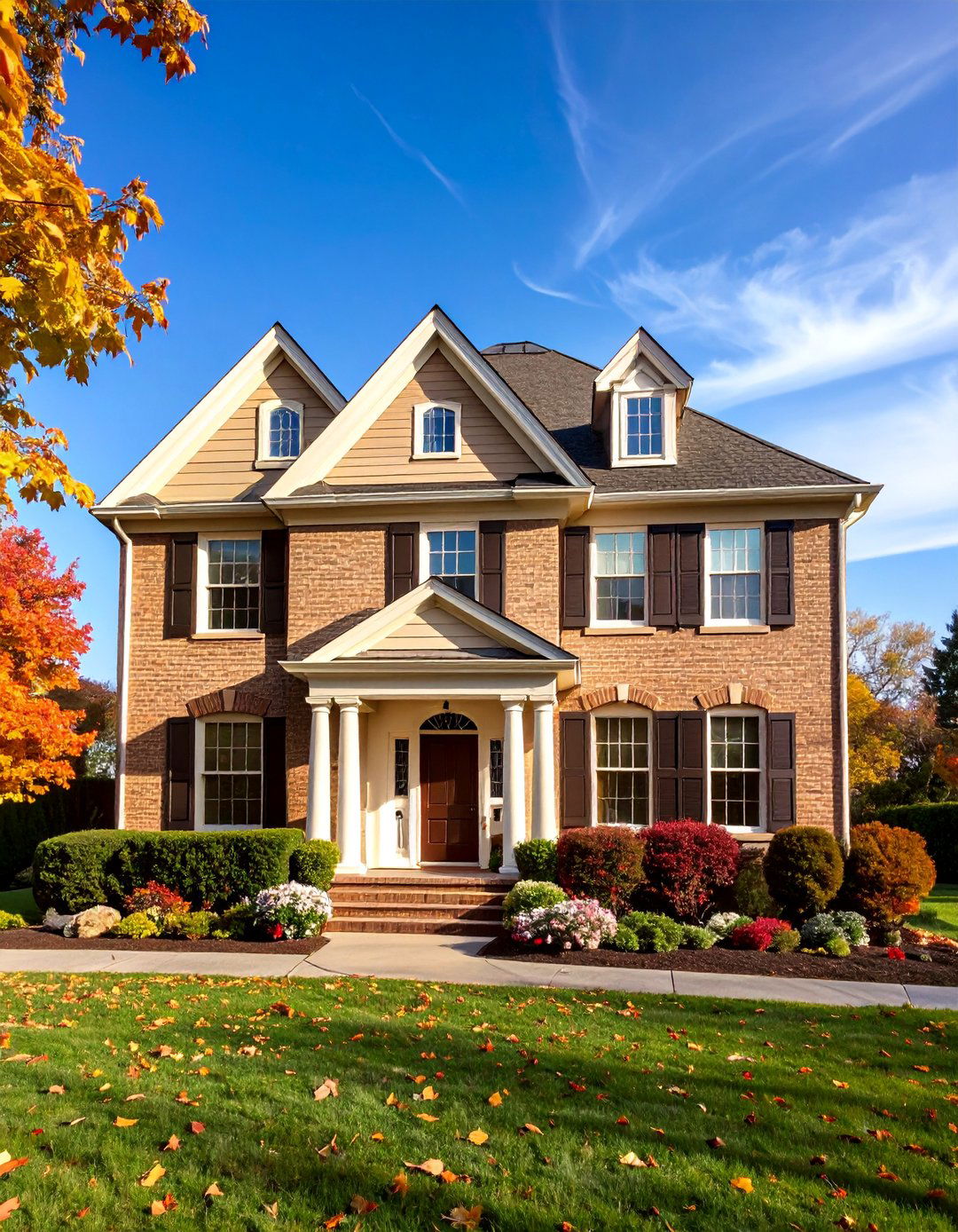 Warm Beige Brick with Chocolate Brown and Cream Trim - 25 Exterior Brick and Paint Color Combinations