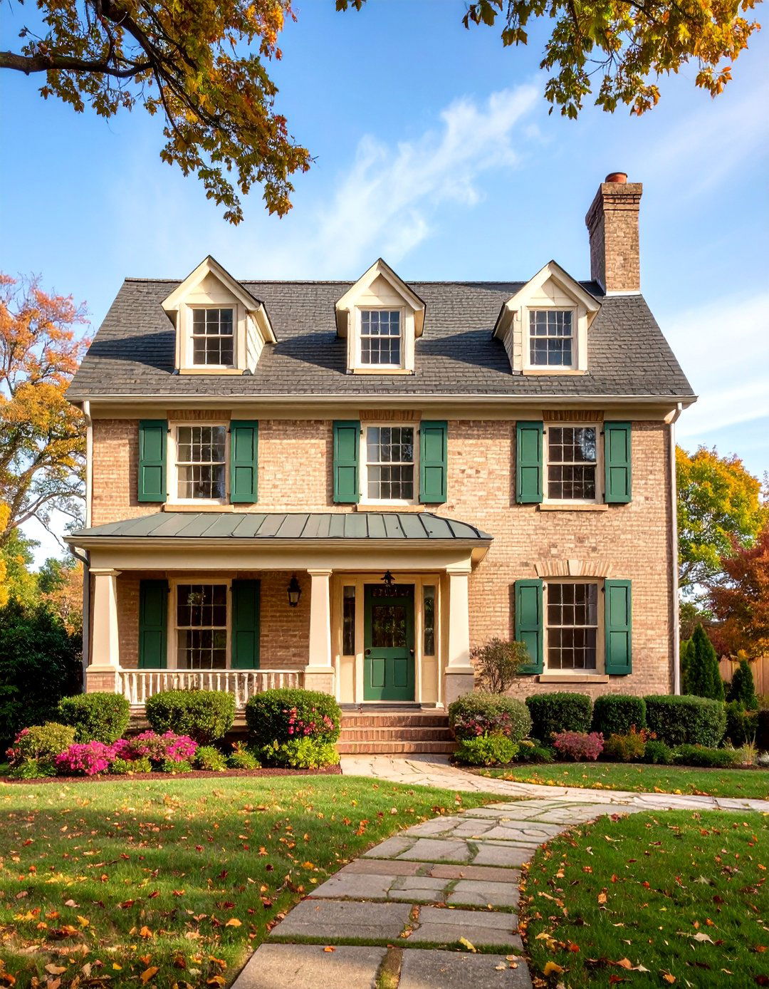 Warm Beige Brick with Sage Green Trim - 25 Exterior Brick and Paint Color Combinations
