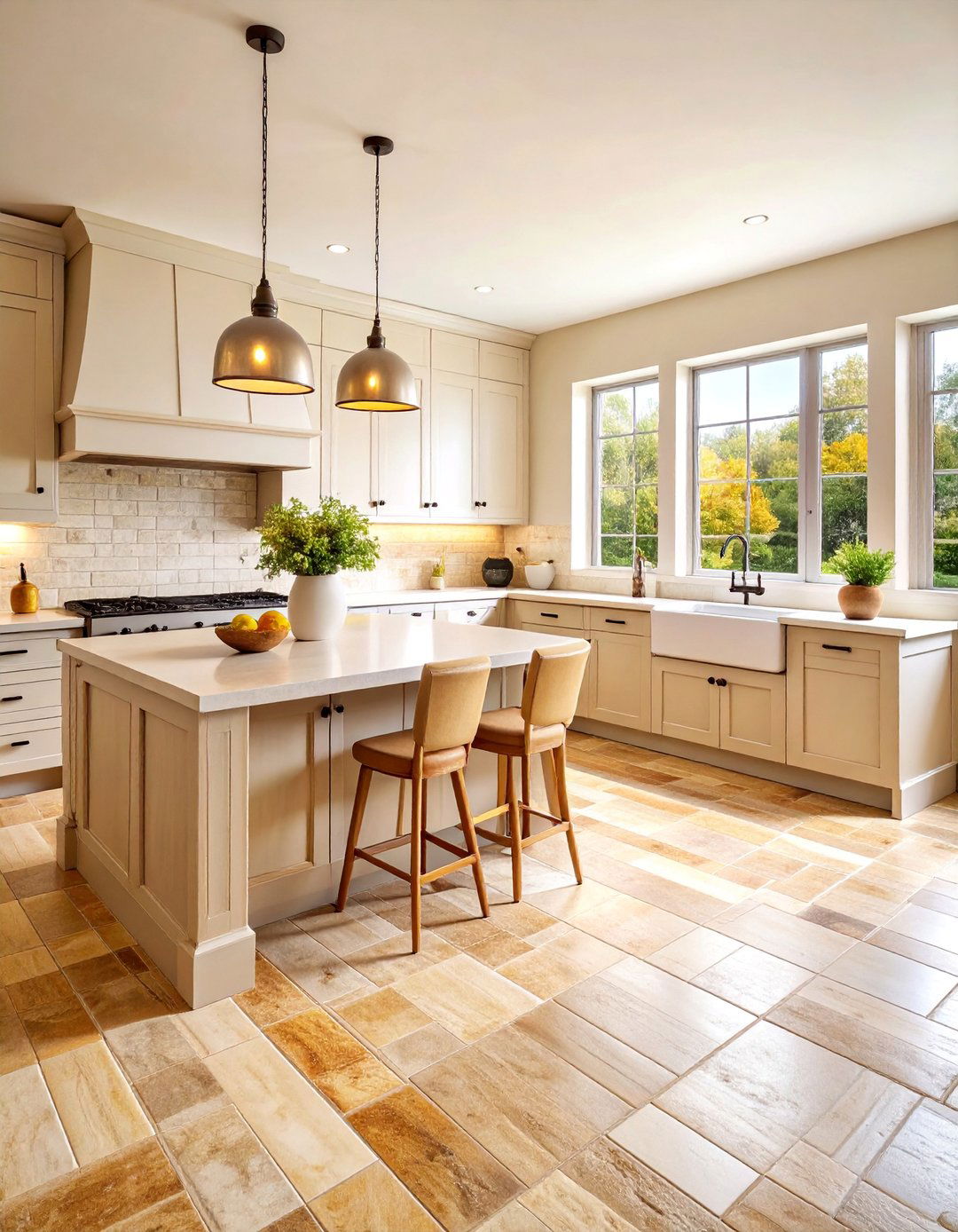 Warm Beige Limestone Kitchen Floor with Tumbled Finish - 25 Kitchen Floor Ideas