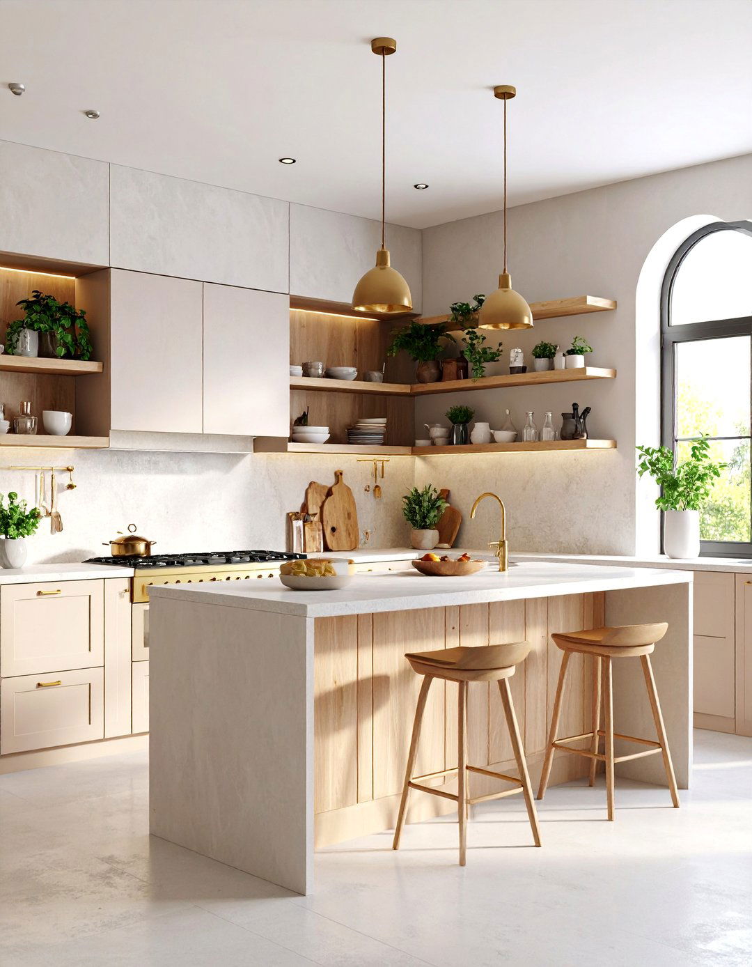Warm Beige Microcement Kitchen with Brass Fixtures - 25 Microcement Kitchen Ideas