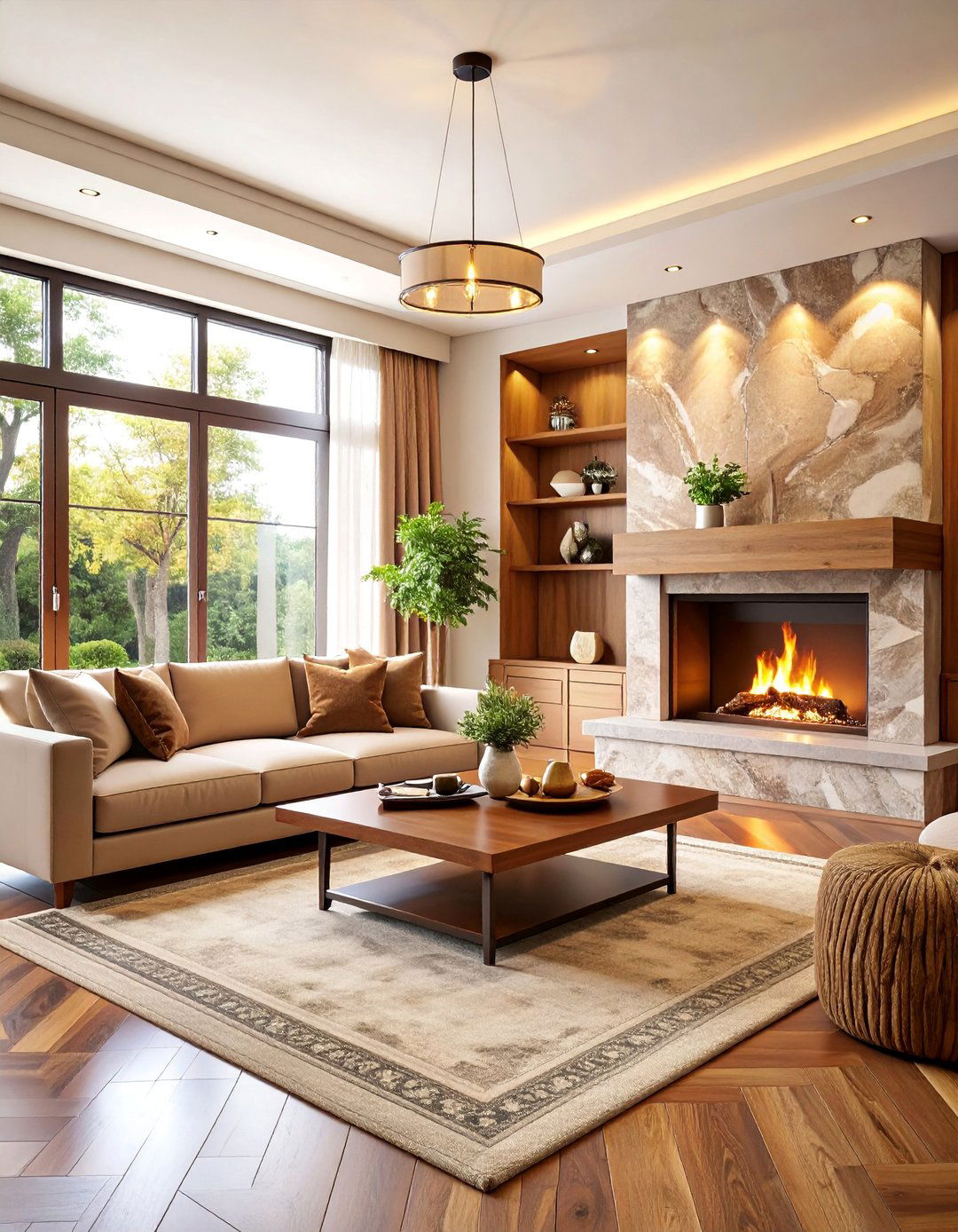 Warm Brown Quartz Fireplace Surround with Wood Accents - 25 Quartz Fireplace Surround Ideas
