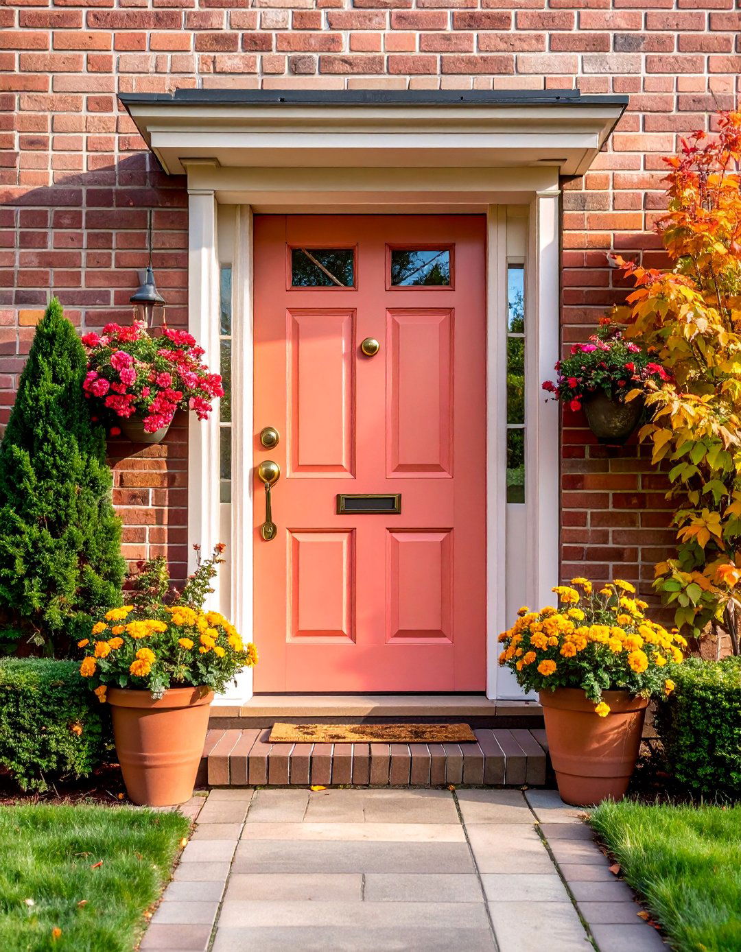 Warm Coral Pink with Cream Brick Exterior - 25 Front Door Color Ideas