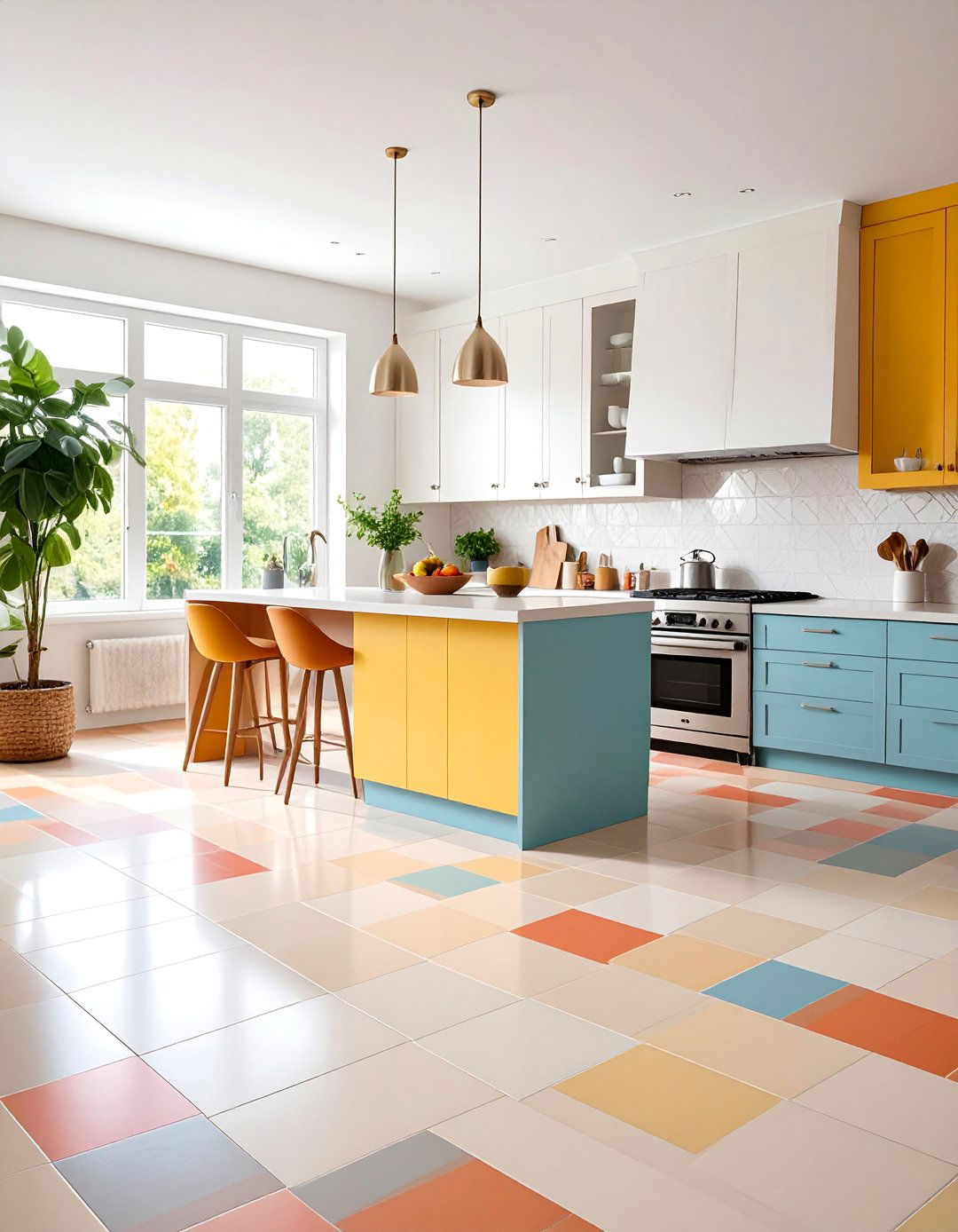 Warm Cream Base with Multicolored Mosaic Border - 25 Linoleum Kitchen Flooring Ideas