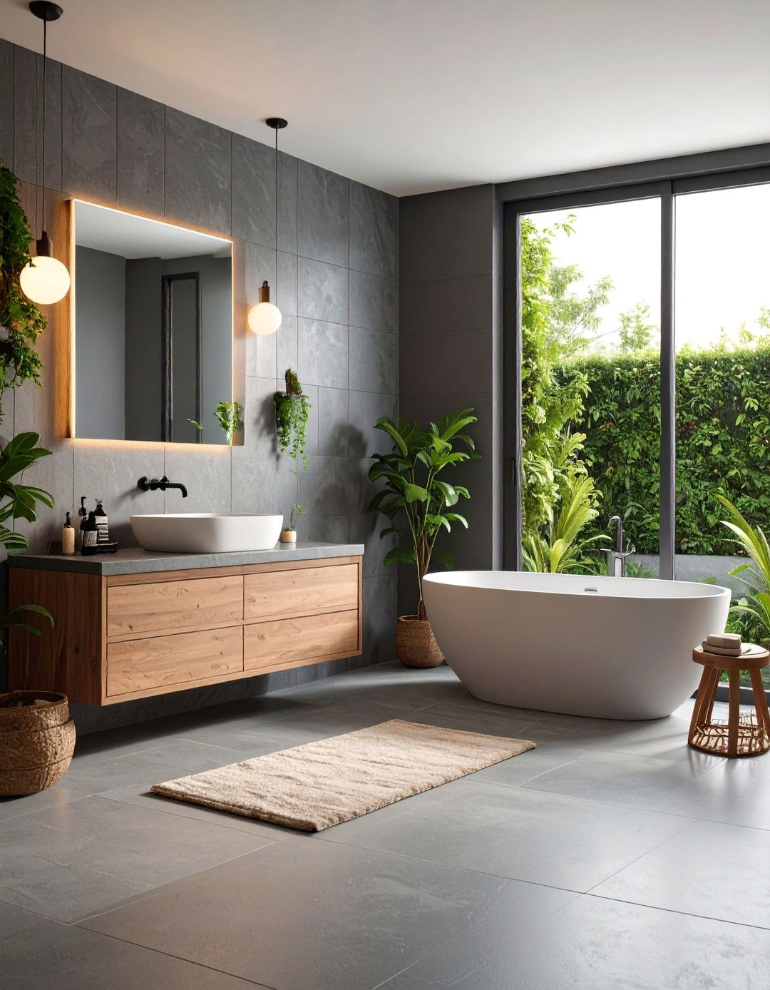 Warm Gray Bathroom with Textured Wall Tiles - 25 Neutral Bathroom Ideas