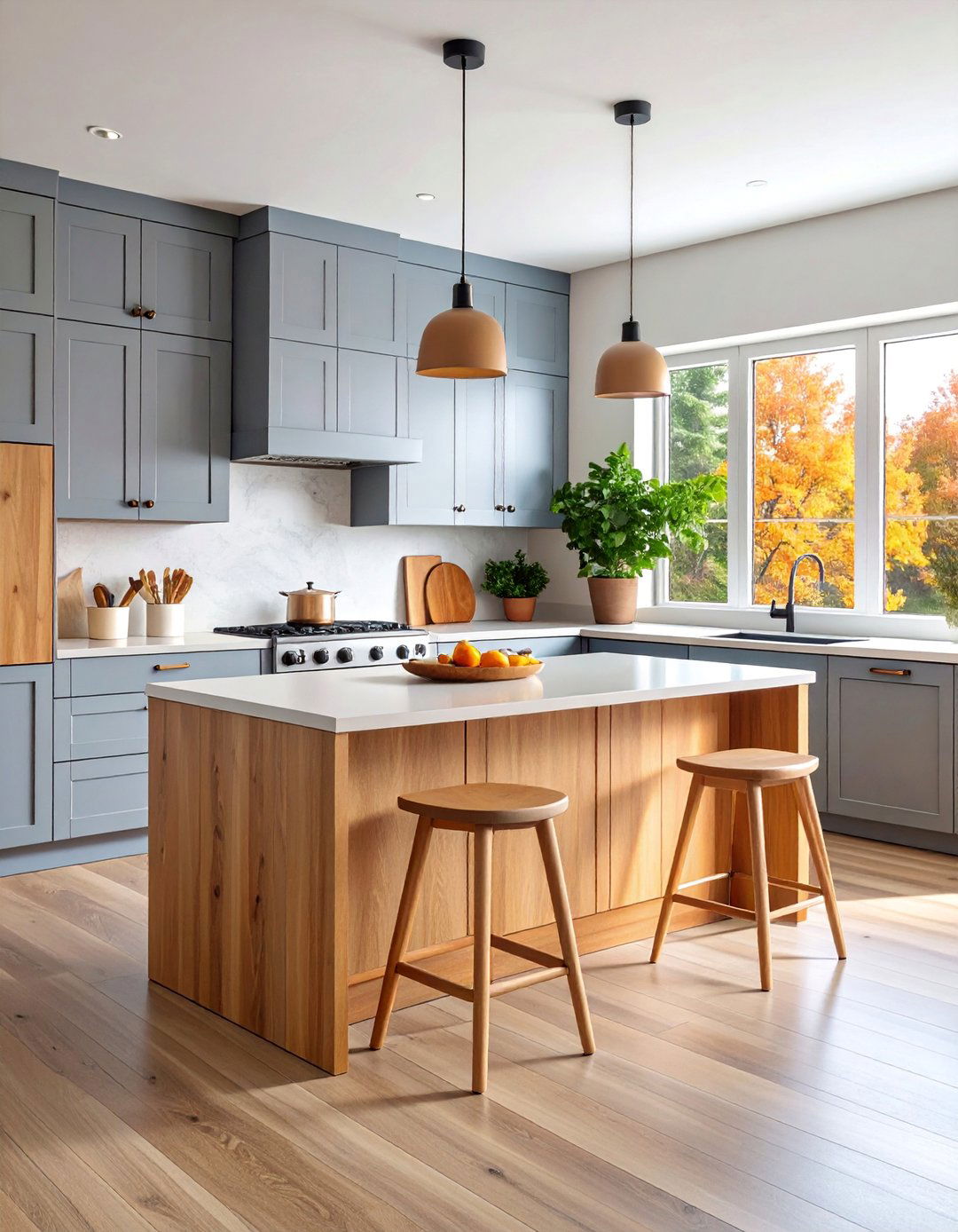 Warm Gray Kitchen Cabinets with Wood Island - 25 Kitchen Cabinet Color Ideas