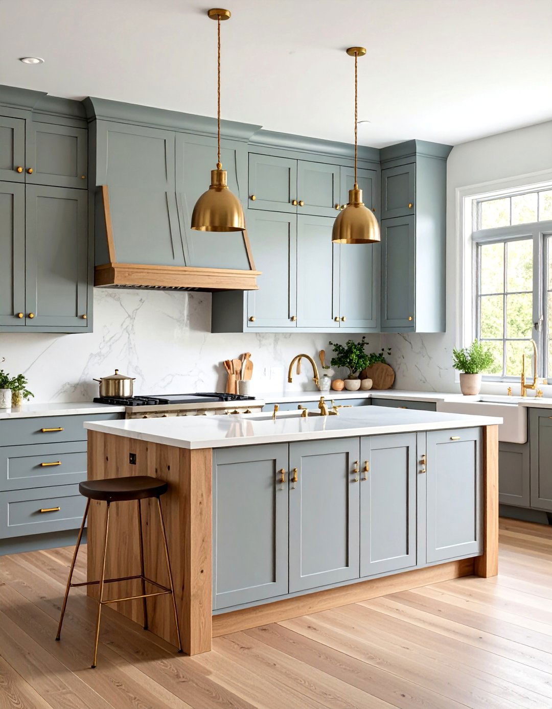 Warm Greige Kitchen with Wood Island - 25 Transitional Kitchen Ideas