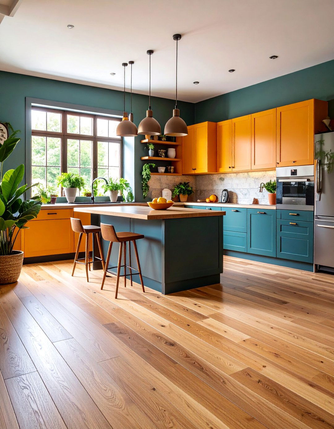 Warm Honey Oak Wood Look Planks with Dark Borders - 25 Linoleum Kitchen Flooring Ideas