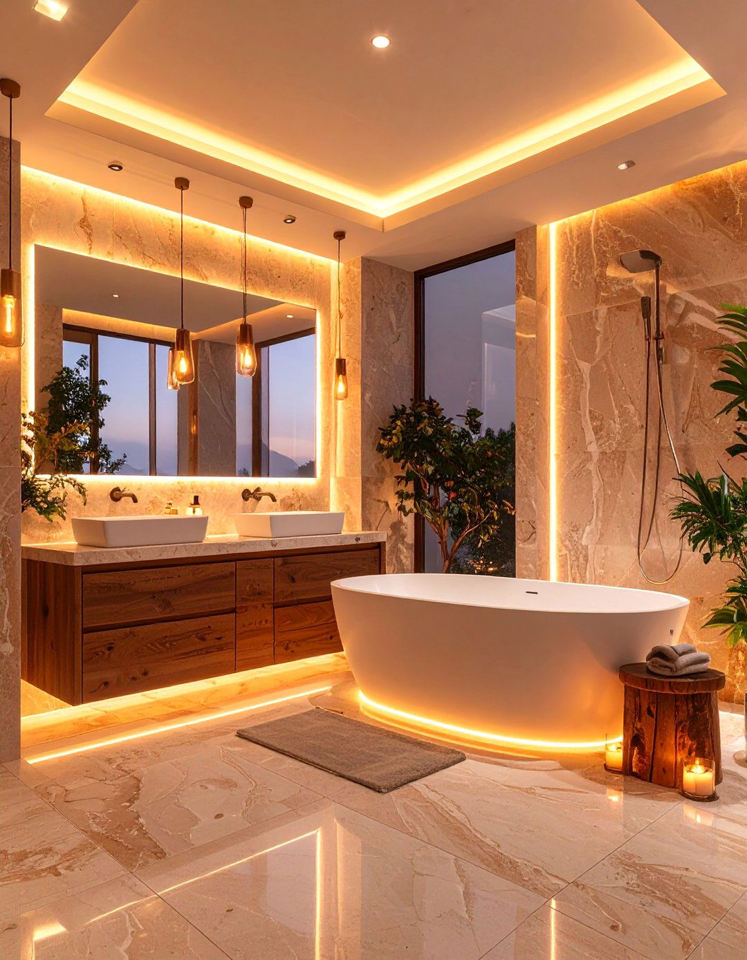 Warm Lighting Travertine Bathroom with Ambient Illumination - 25 Travertine Tile Bathroom Ideas