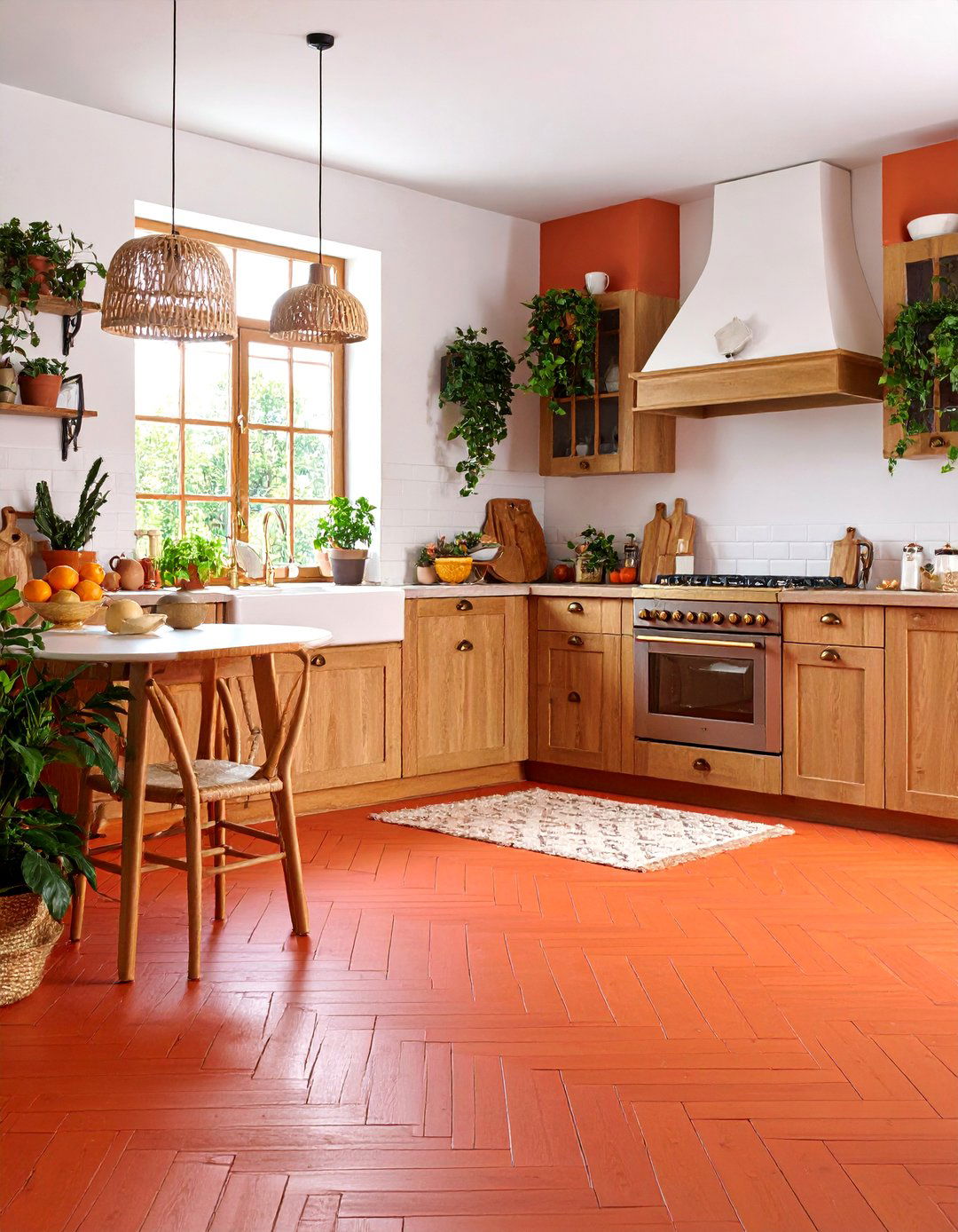Warm Terracotta Herringbone with Natural Wood Accents - 25 Linoleum Kitchen Flooring Ideas