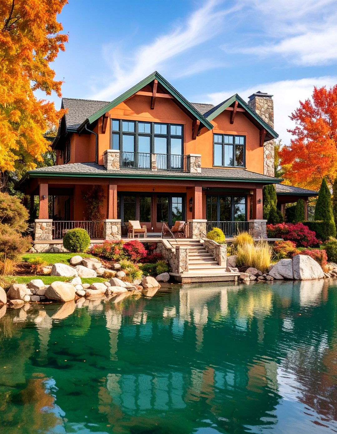 Warm Terracotta with Sage Green Trim - 25 Lake House Exterior Colors Ideas