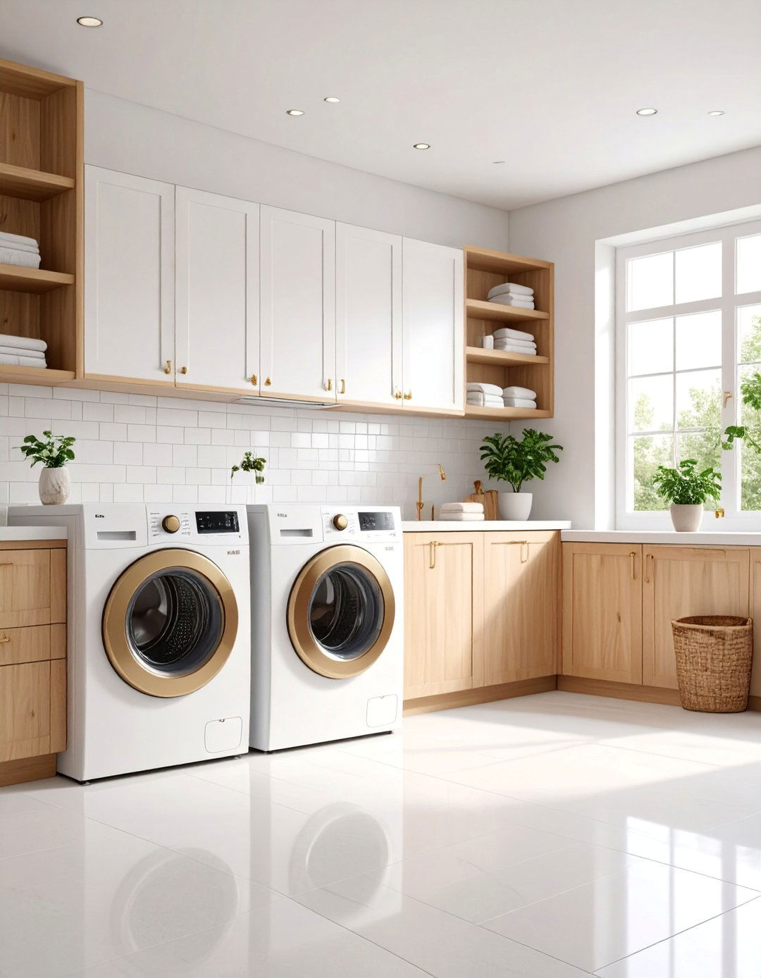 Warm White Laundry Room with Natural Wood - 25 Laundry Room Paint Ideas