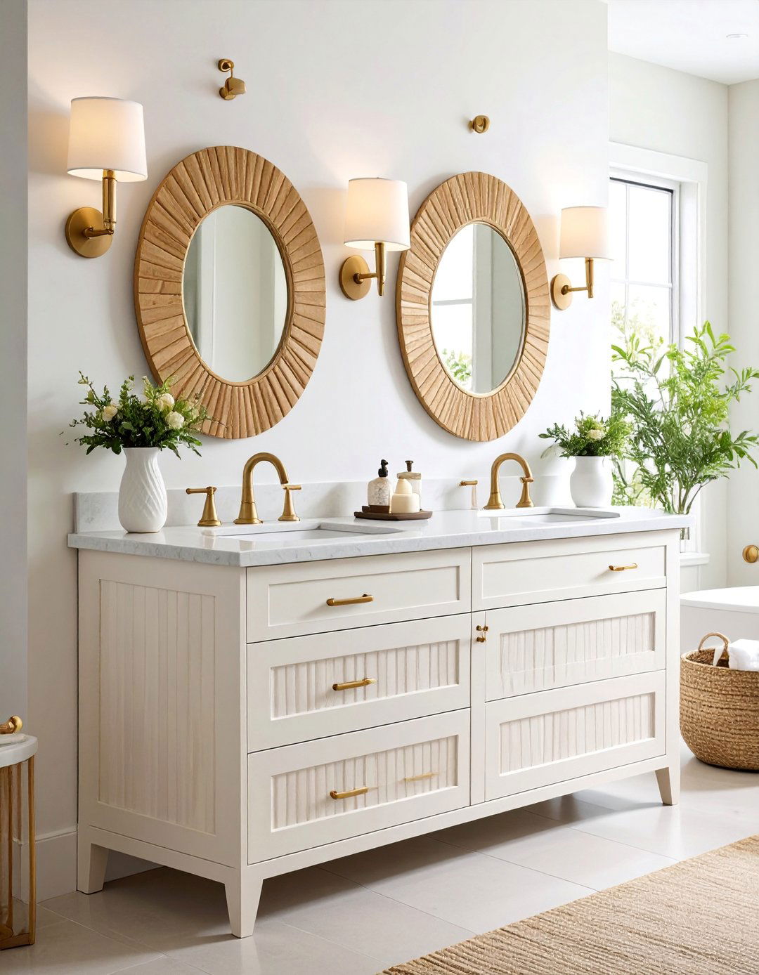 Warm White Minimalist Design with Textured Finishes - 25 Bathroom Cabinet Color Ideas