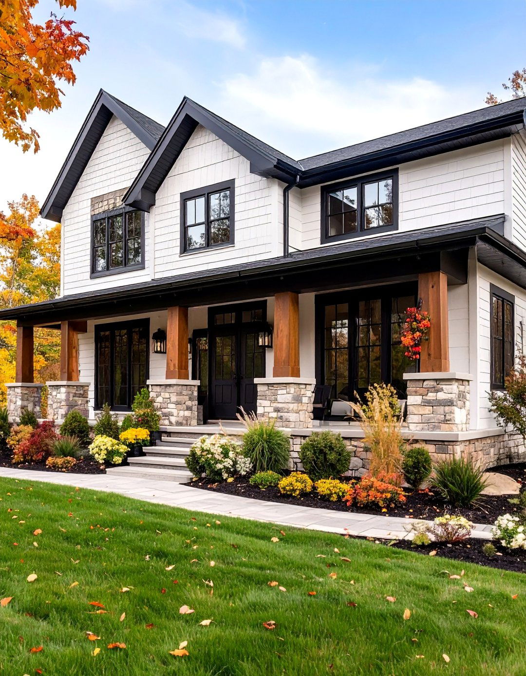 Warm White Vinyl with Fieldstone Brick Farmhouse Elegance - 25 Vinyl Siding and Brick Combinations