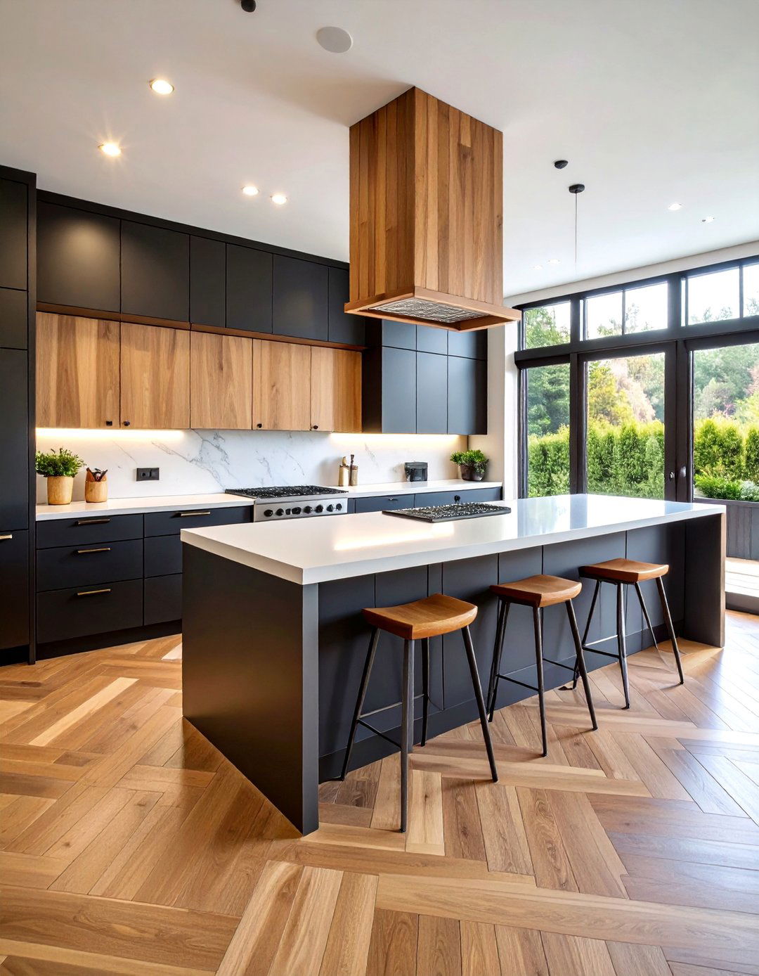 Warm Wood Accented Black Kitchen Cabinets With White Countertops - 25 Black Kitchen Cabinets With White Countertops