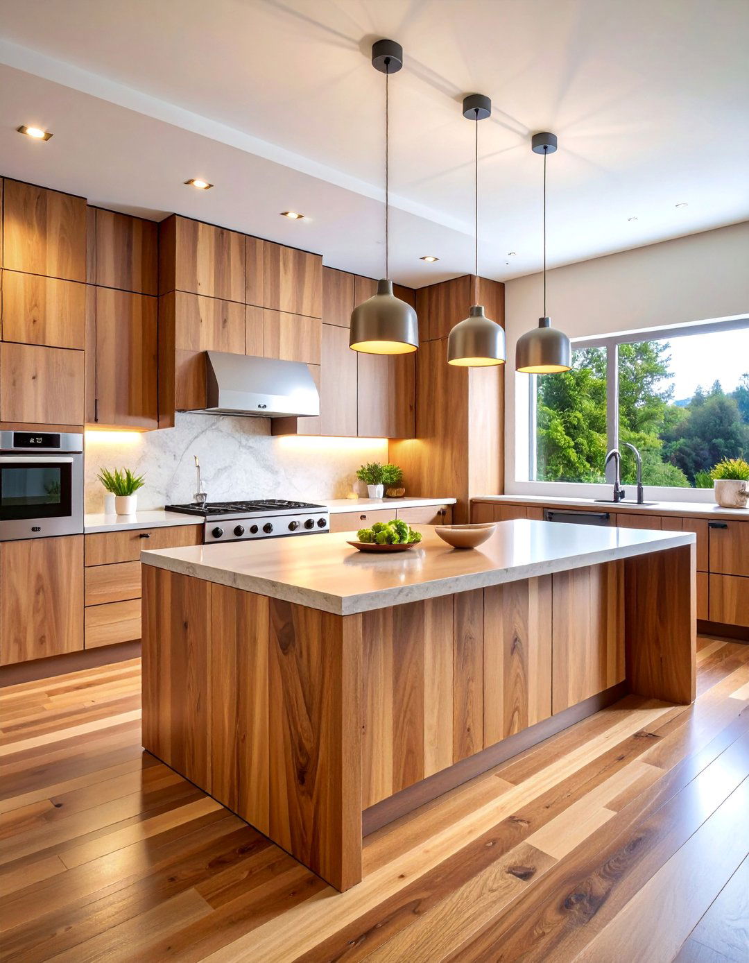 Warm Wood Butcher Block Waterfall Island - 25 Waterfall Kitchen Island Ideas