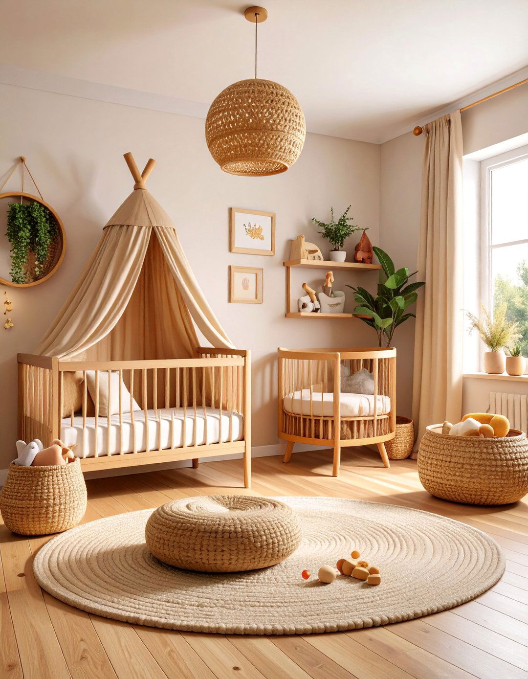 Warm Wood Montessori Nursery with Basket Storage - 25 montessori nursery ideas
