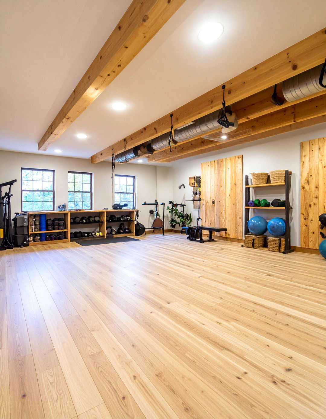 Warm Wood and Natural Elements Basement Gym - 25 Basement Gym Ideas