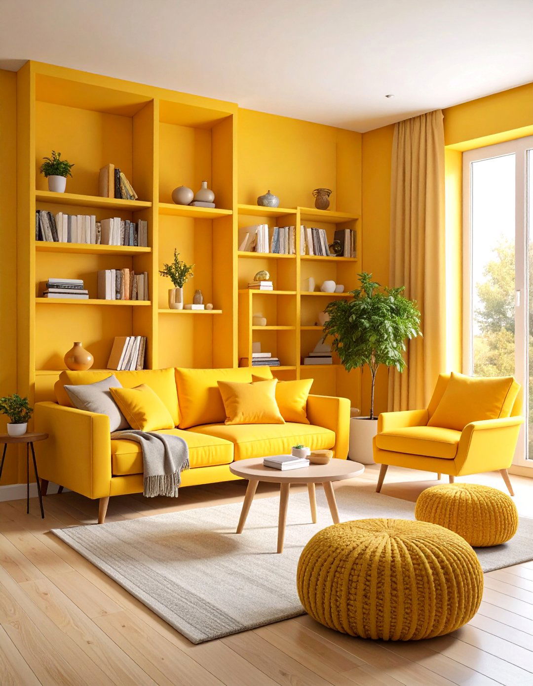 Warm Yellow Reading Nook with Built in Shelving - 25 Yellow Living Room Ideas