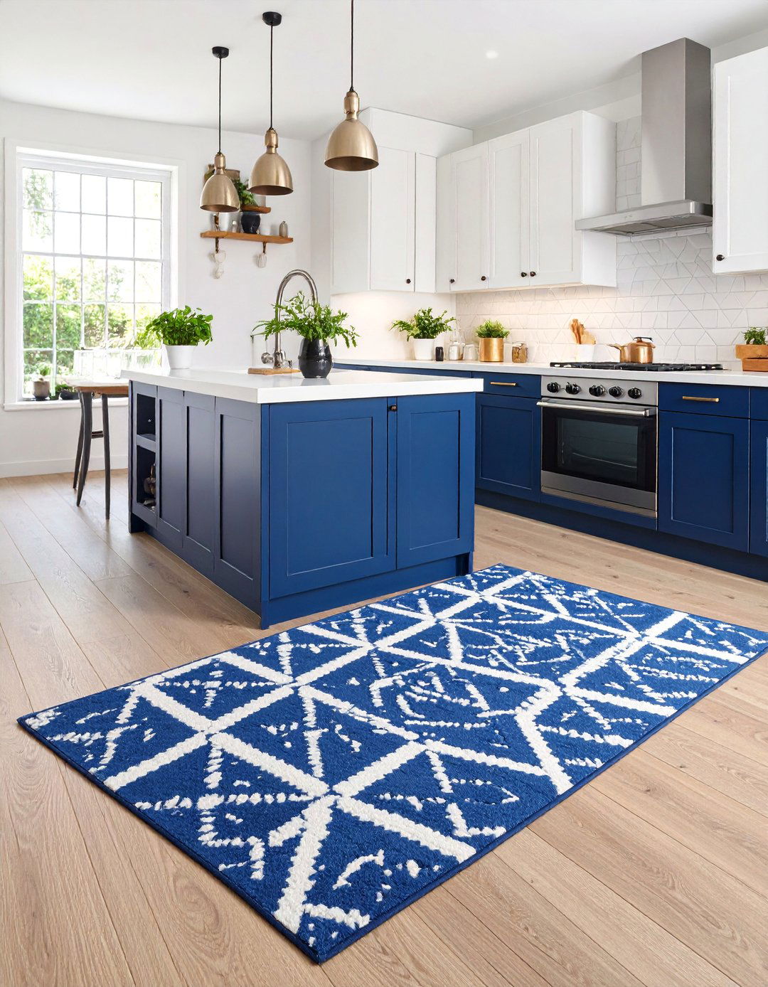 Washable Geometric Kitchen Runner with Bold Navy Accents - 25 Kitchen Rug Ideas