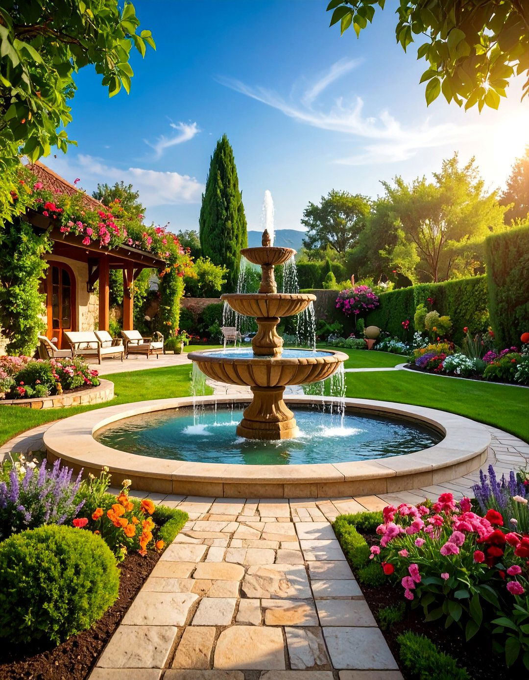 Water Feature Fountain with Surrounding Walkways - 25 Hardscape Ideas